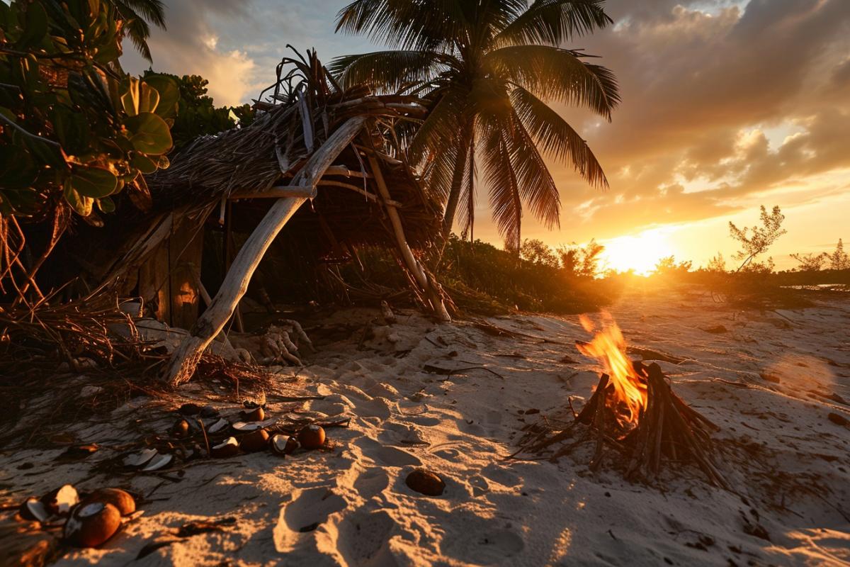Sunset casts a warm glow on the lone survivors makeshift shelter, constructed from driftwood and salvaged airplane parts. A small fire flickers as the survivor, surrounded by coconut shells and foraged fruits, reflects on solitude. Footprints in the sand lead to a signal fire, a constant reminder of hope and the desire for rescue against the backdrop of an untouched tropical paradise.