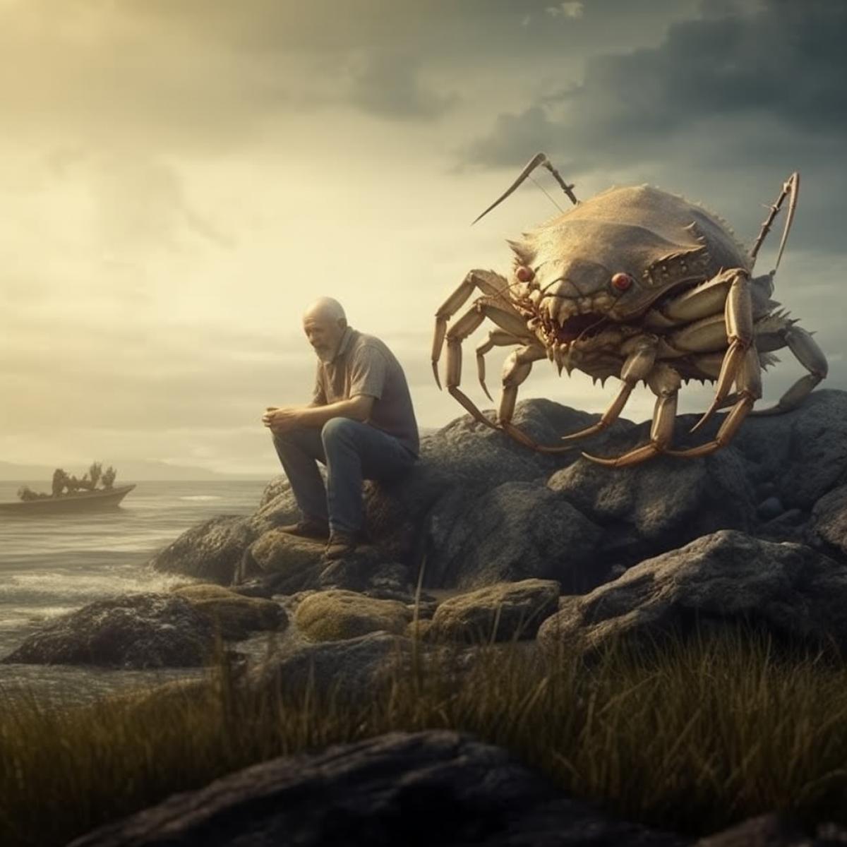 Lonely man on island aggressively hunting crabs