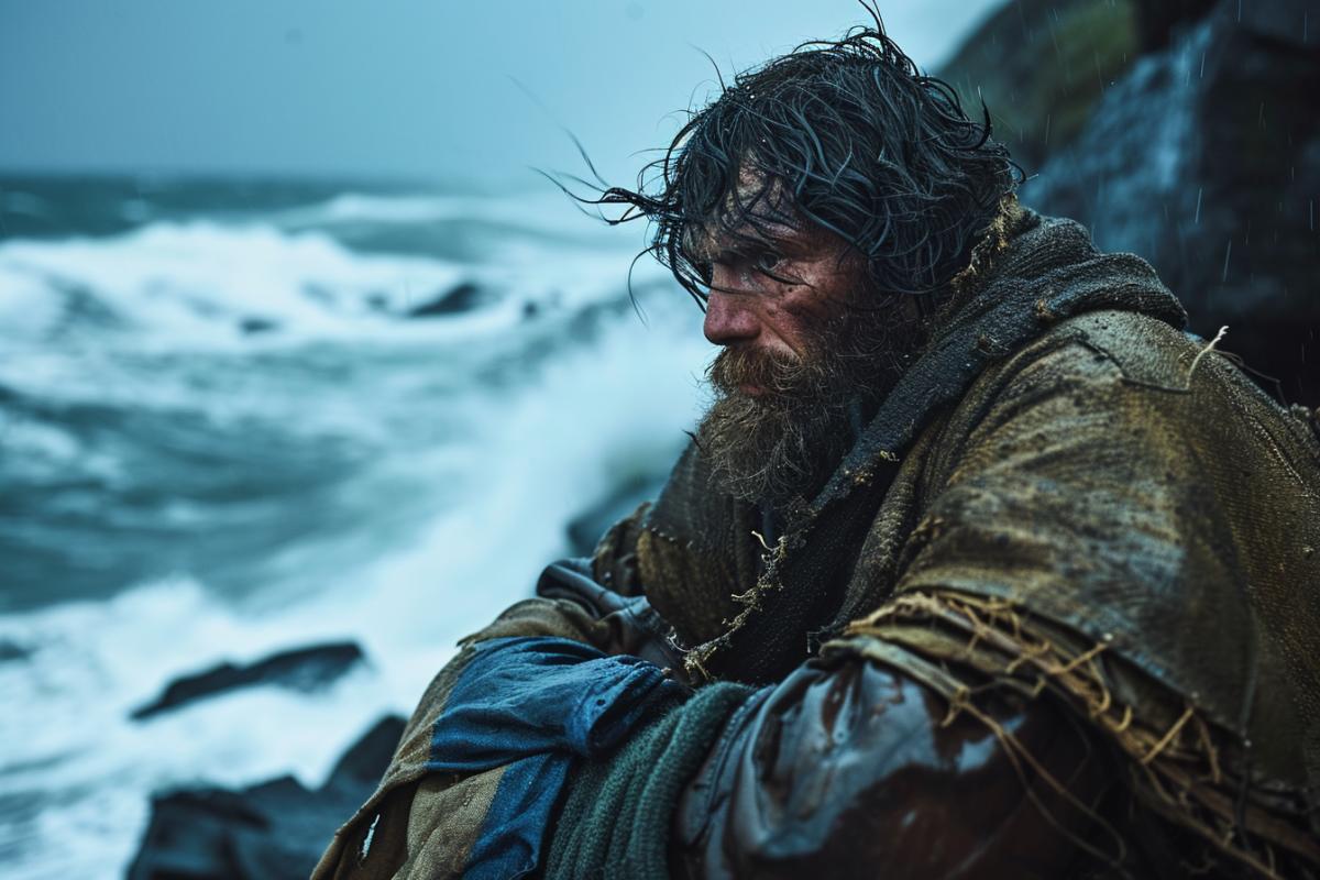A dramatic storm envelopes the island, testing the survivors resilience. Tattered clothing and a weathered expression reveal the struggle for survival. The survivor battles wind and rain, clutching a salvaged tarp for shelter. Crashing waves and lightning create a dramatic atmosphere, capturing the intensity of the struggle against the elements in the quest for survival.