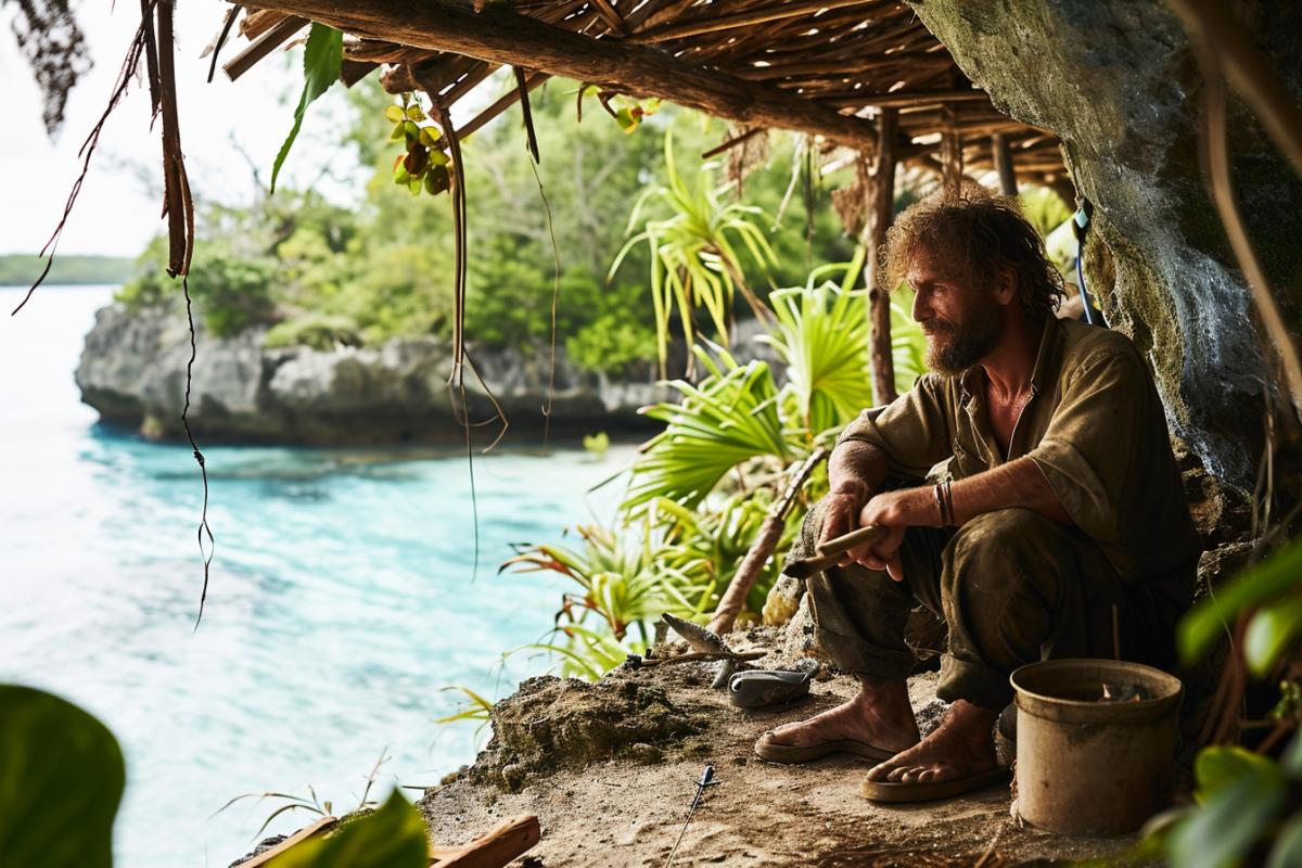 As time passes, the survivor adapts to island life. Fishing with a crafted spear, collecting rainwater in makeshift containers, and crafting tools from washed-up debris become routine. The survivors determined expression conveys a newfound connection to the island, depicting a resourceful adaptation to the challenges of solitude and the pursuit of self-sufficiency.