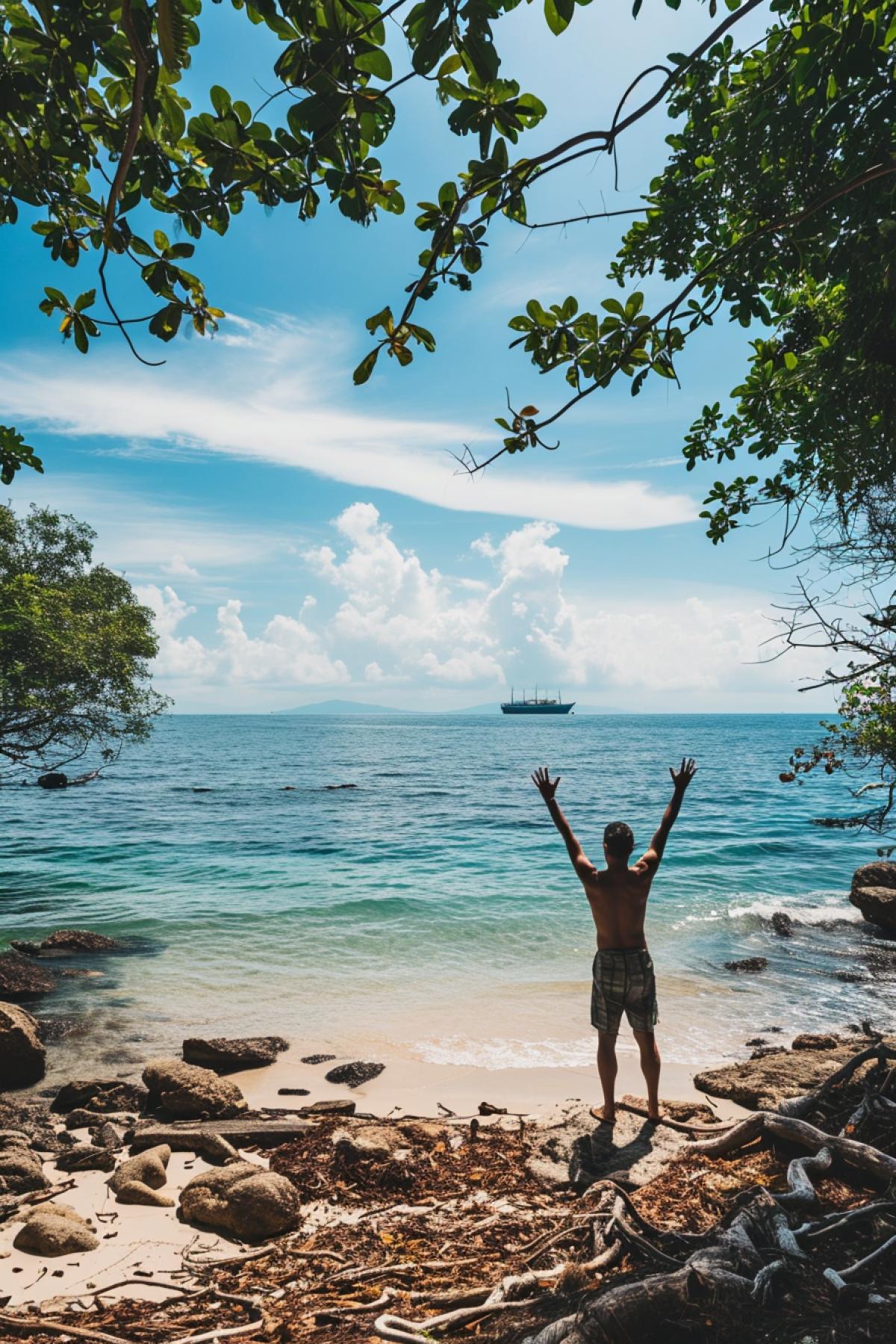 A man on the shore of an uninhabited tropical island desperately waving his hands to a passing ship in the very far distance