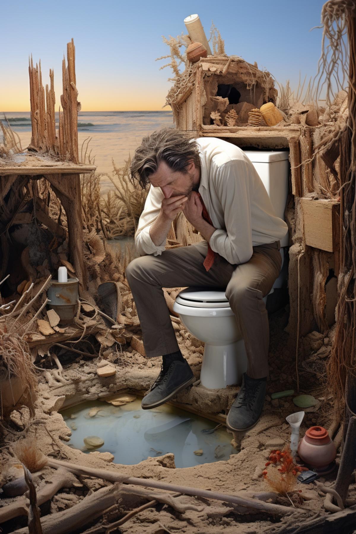 A man sitting on a toilet on a desert island, shipwrecks around him, photorealism