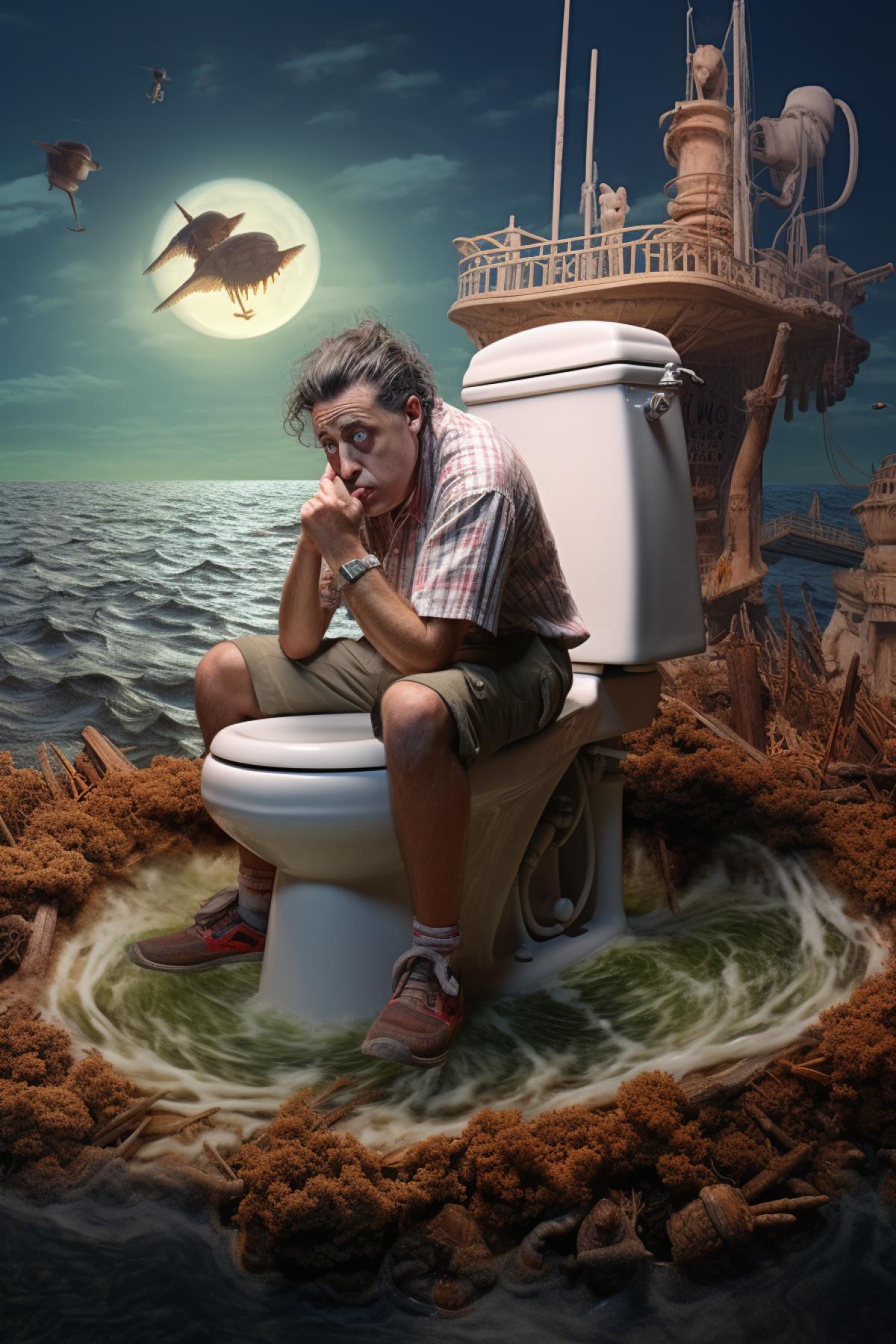 A man sitting on a toilet on a desert island in the ocean, with ship around him, photorealism