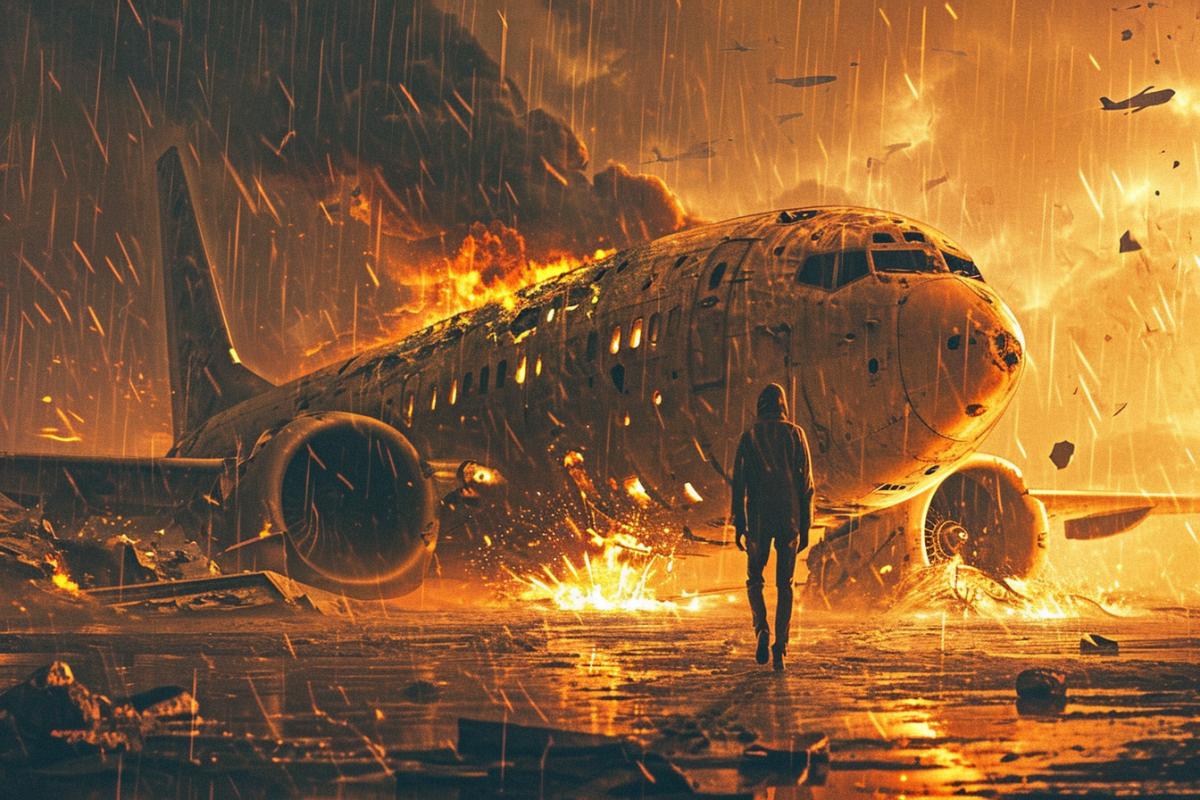 an exhausted man walks along a desert island, a crashed plane is burning in the background, rainy weather, lightning, an atmosphere of hopelessness