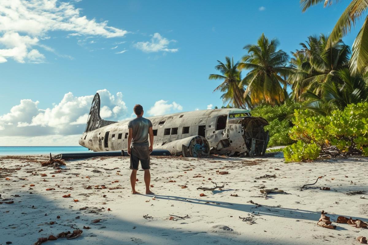 desert island, man near a crashed plane