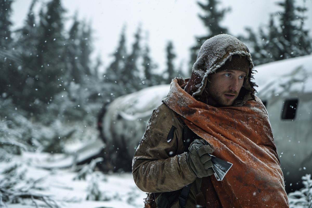Amidst the chilling aftermath of a plane crash on a desolate northern isle, the survivor emerges, their breath visible in the frosty air. Clutching a torn photo and wrapped in a shredded airplane blanket, their eyes convey a mix of shock, disbelief, and determination. The crash site, surrounded by snow-covered evergreens, becomes a haunting backdrop to the survivors emotional journey, highlighting the raw resilience required to endure the icy isolation and forge ahead in the face of uncertainty.