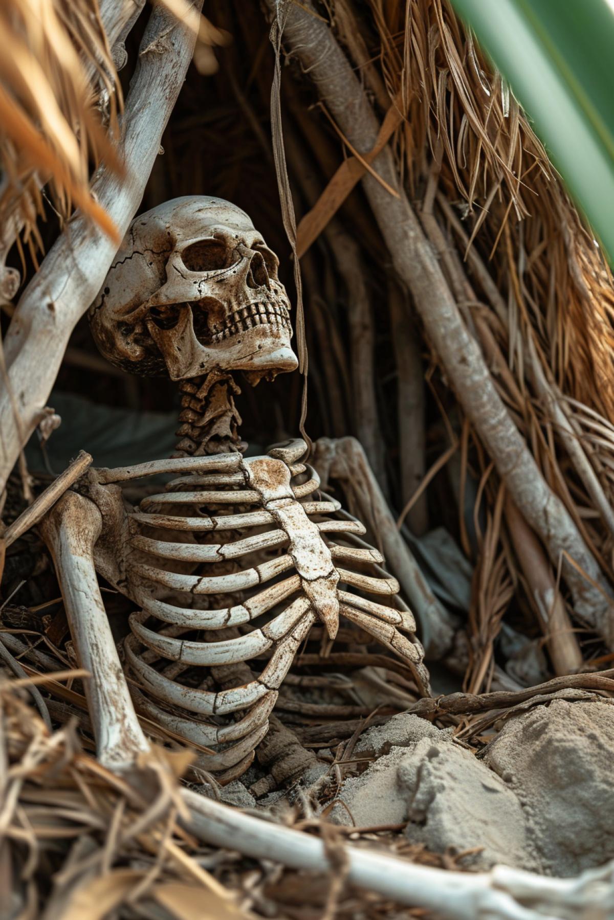 Close-up, Skeleton lying at the entrance to an abandoned thatched shack on the shore of a tropic desert island
