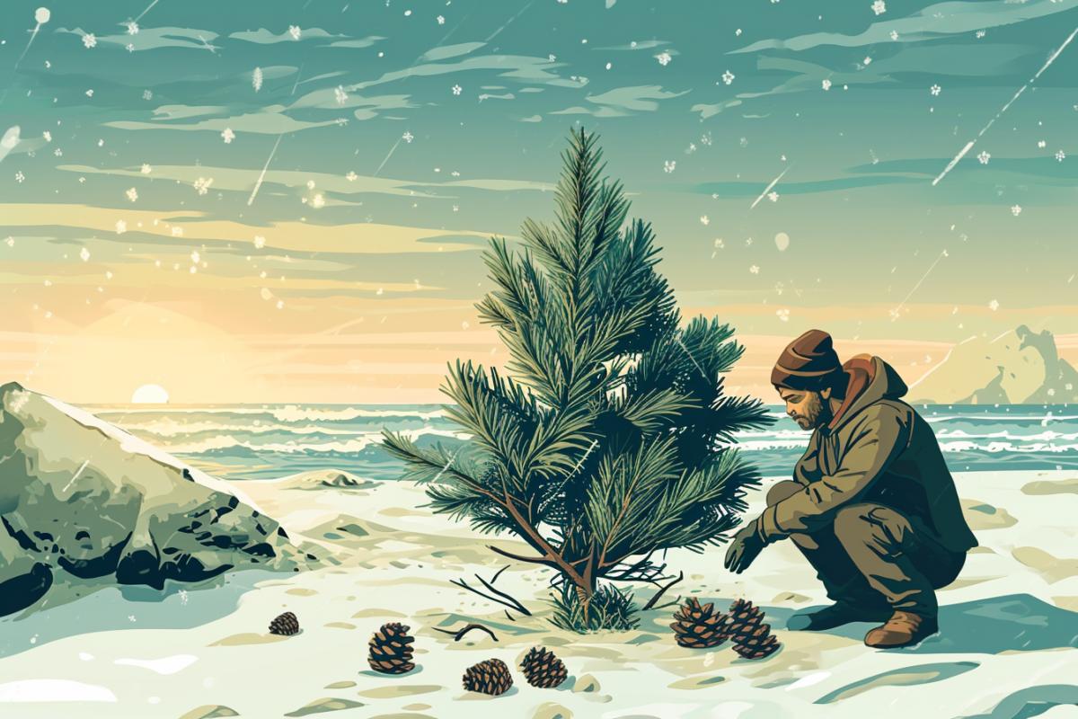 A man on a desert island after a planecrash in winter decorates a pine tree with pine cones illustration