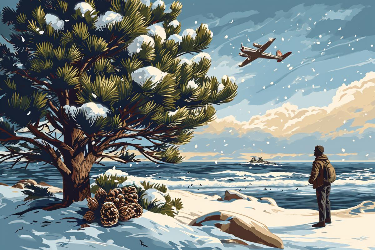 A man on a desert island after a planecrash in winter decorates a pine tree with pine cones illustration