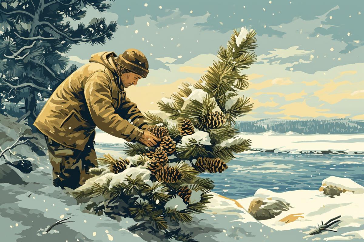 A man on a desert island after a planecrash in winter decorates a pine tree with pine cones illustration