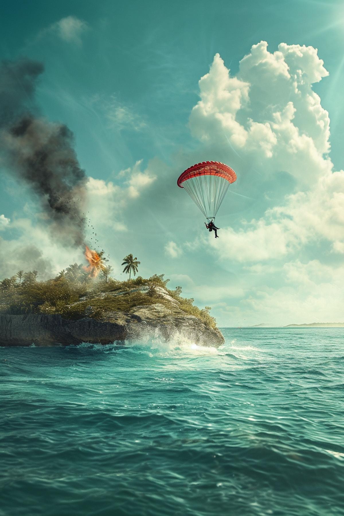 Lonely Parachutist on uninhabited island airplane on fire drawing in the sea realistic photo