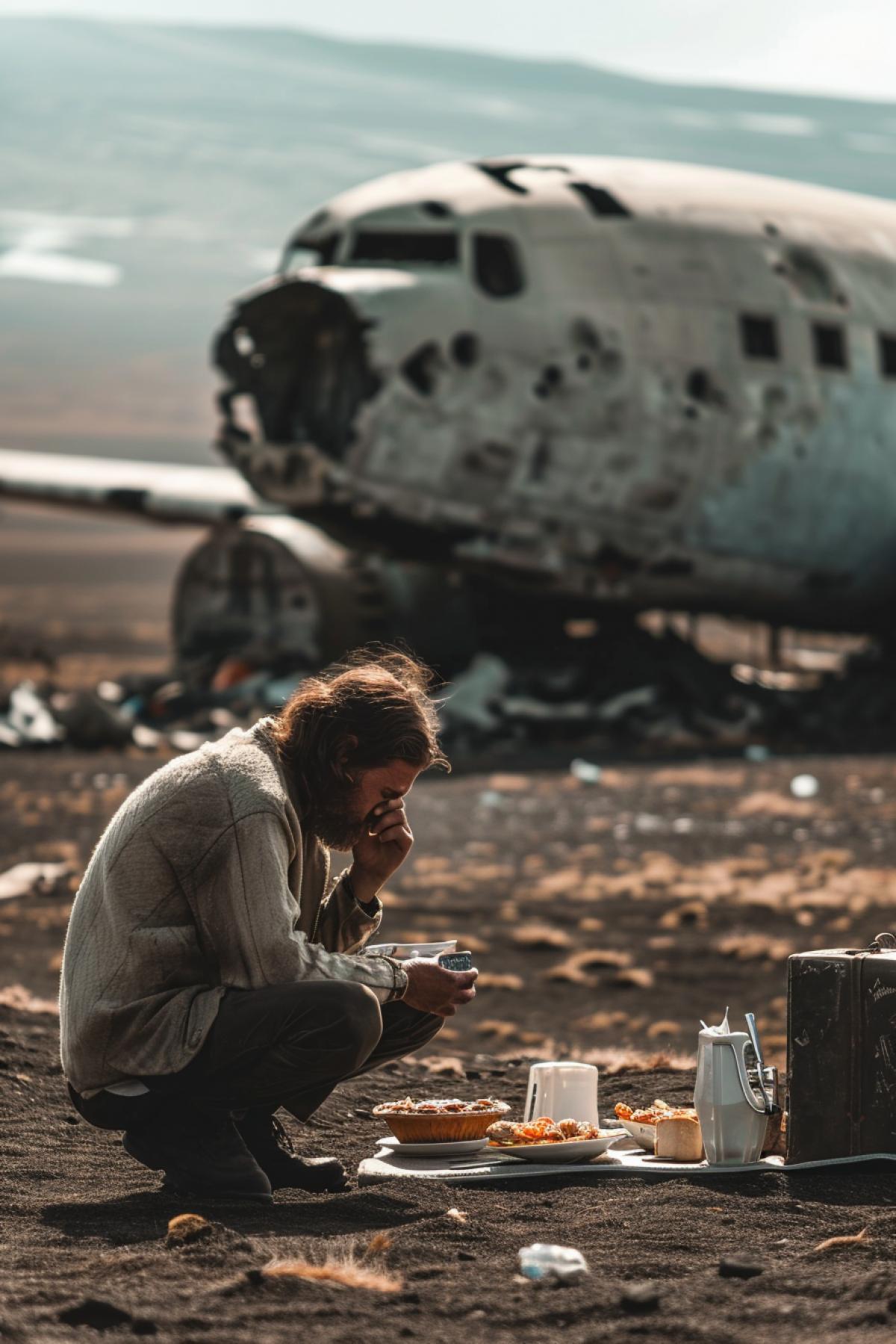 One sad weeping passenger eating complex standard breakfast on background of crushed aircraft on lonely uninhabited island realistic detailed photo