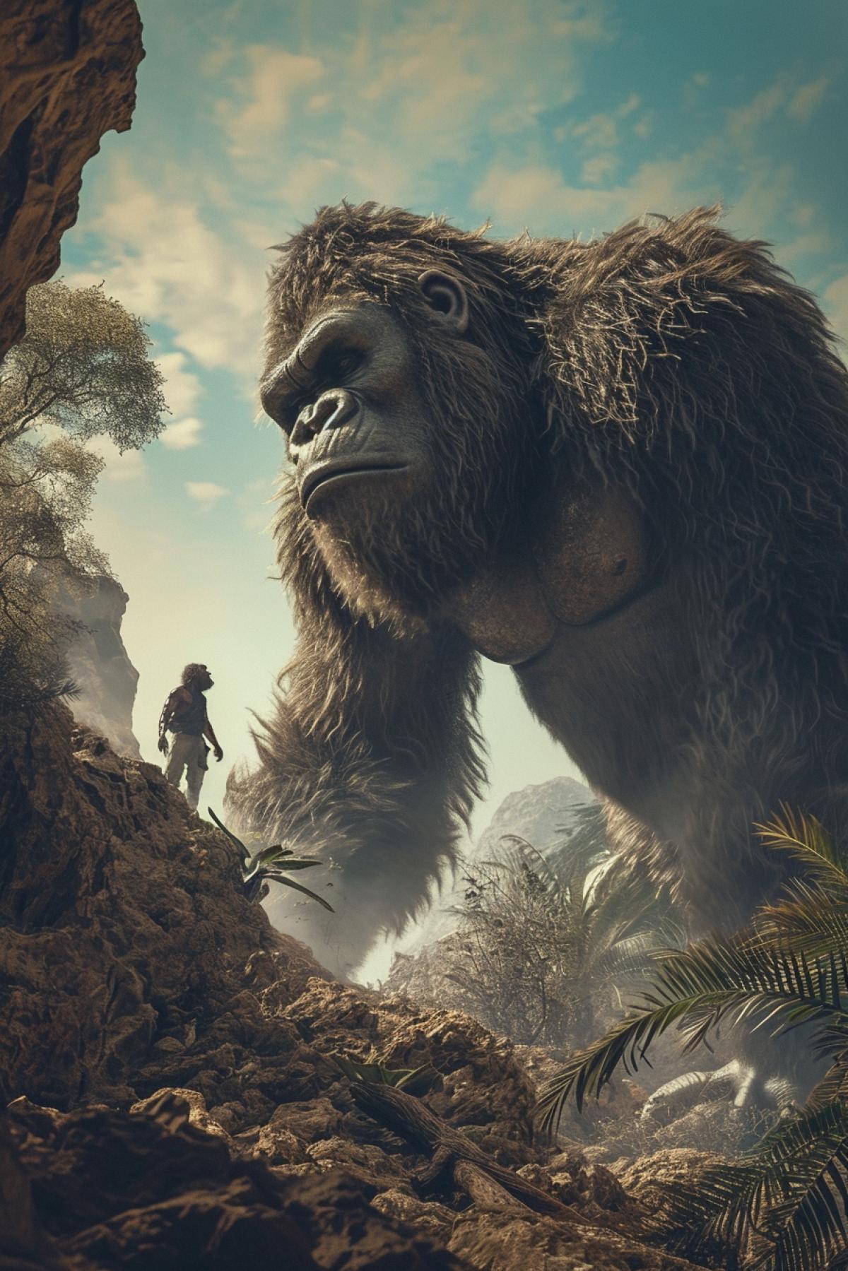 Desert island, man, big ape, trying to establish contact in communication