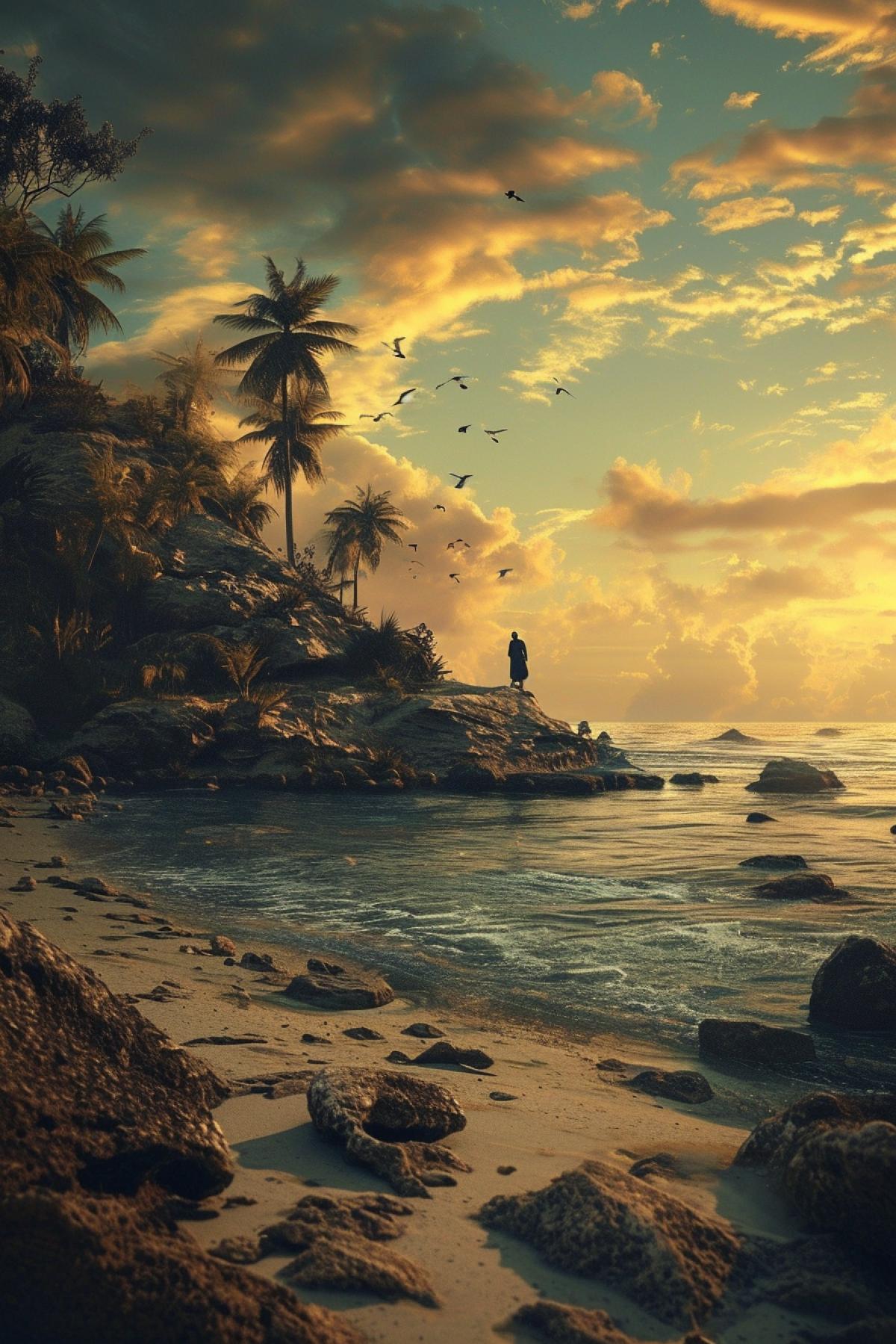 Man on a desert island, alone, treasures, happiness