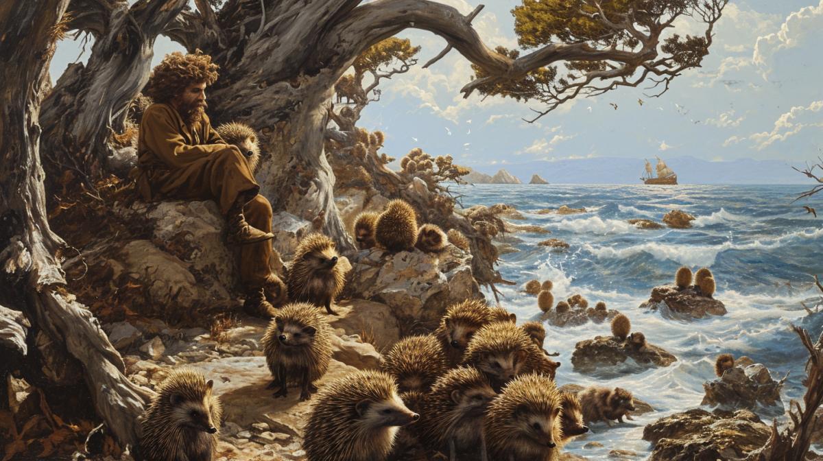 Robinson Crusoe sits on a stone on a desert island, surrounded by a huge horde of hedgehogs of various sizes. Hedgehogs sit in trees, swim in the ocean, run on the ground