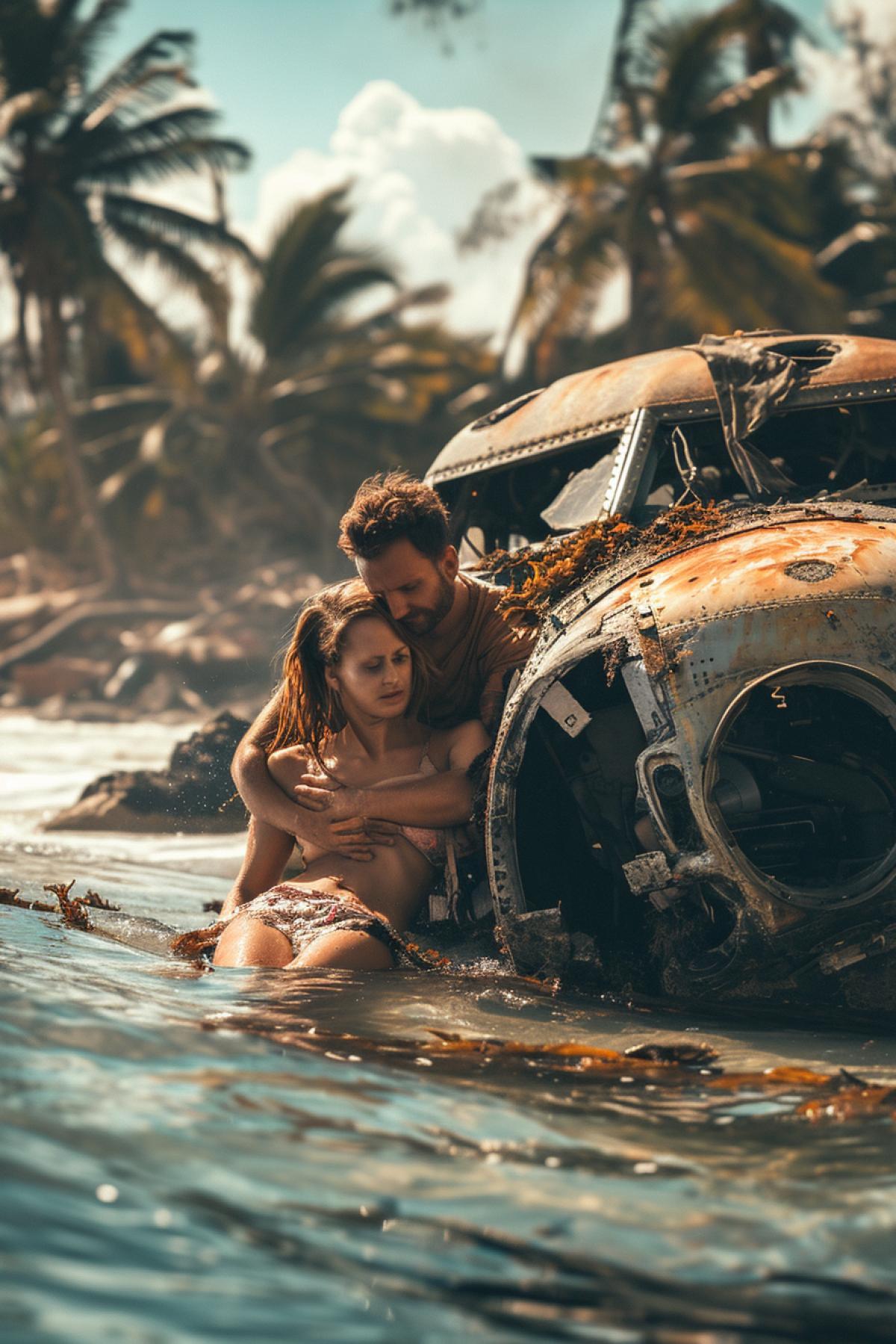 Passenger carries lying in arms his dead wife out of burning crushed air jet on uninhabited tropical island sea around realistic photo