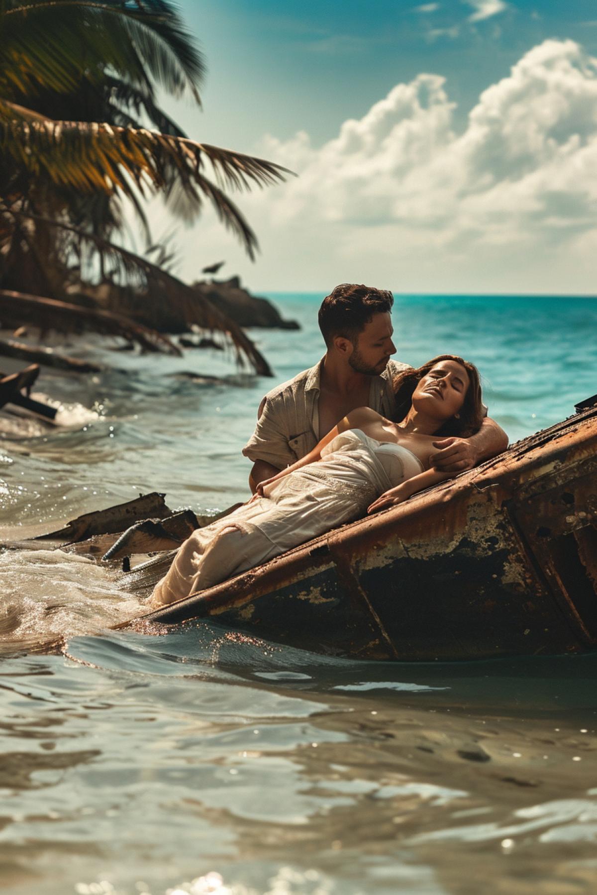 Passenger carries lying in arms his dead wife out of burning crushed air jet on uninhabited tropical island sea around realistic photo