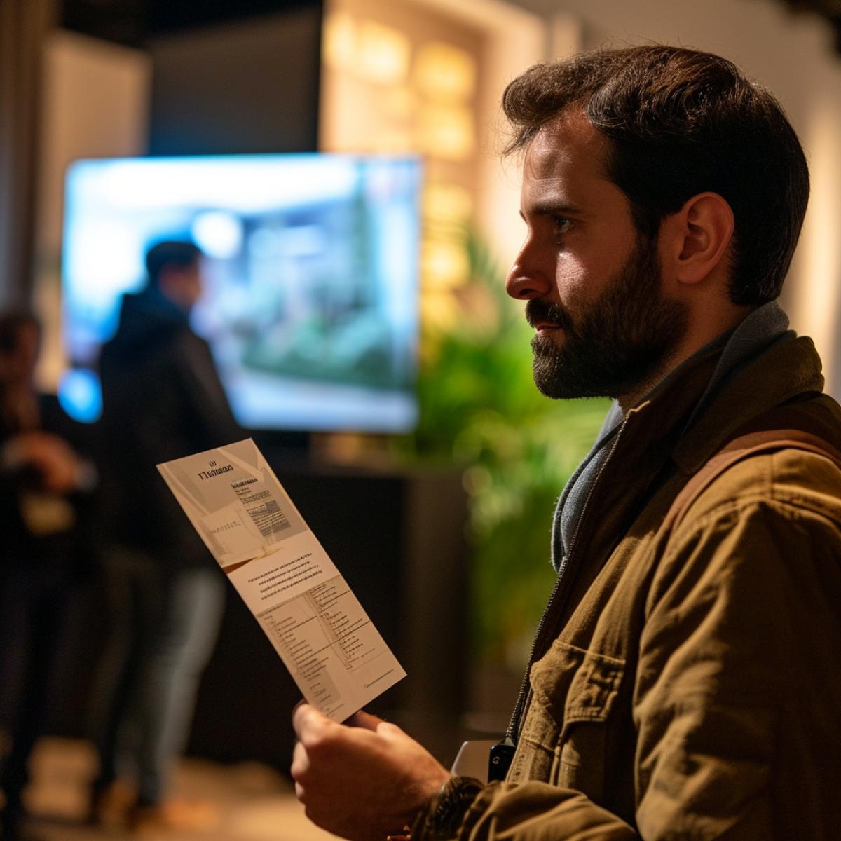 A man holds a piece of paper with the inscription TV Mastera in front of a Sony TV.