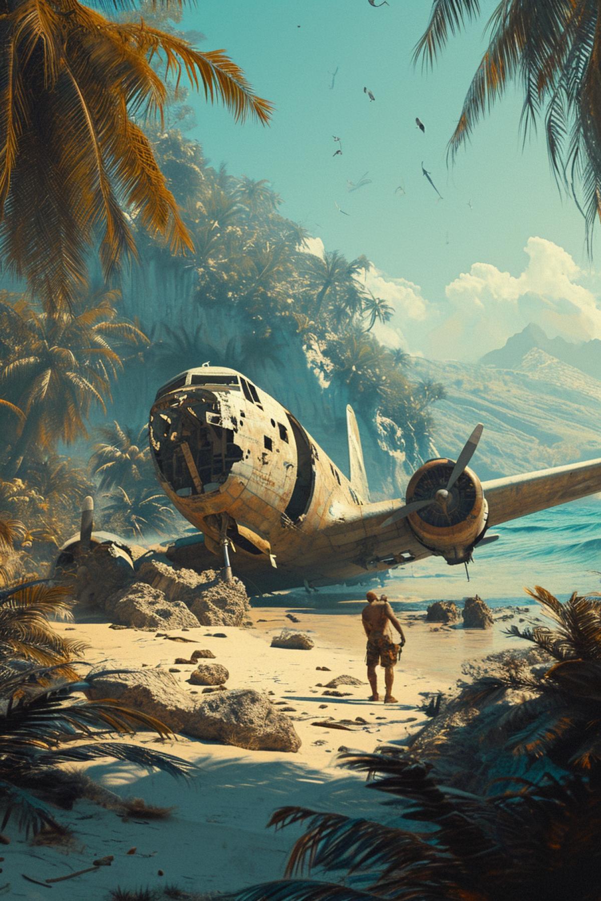 A man searches for things in the wreckage of a plane on a desert island
