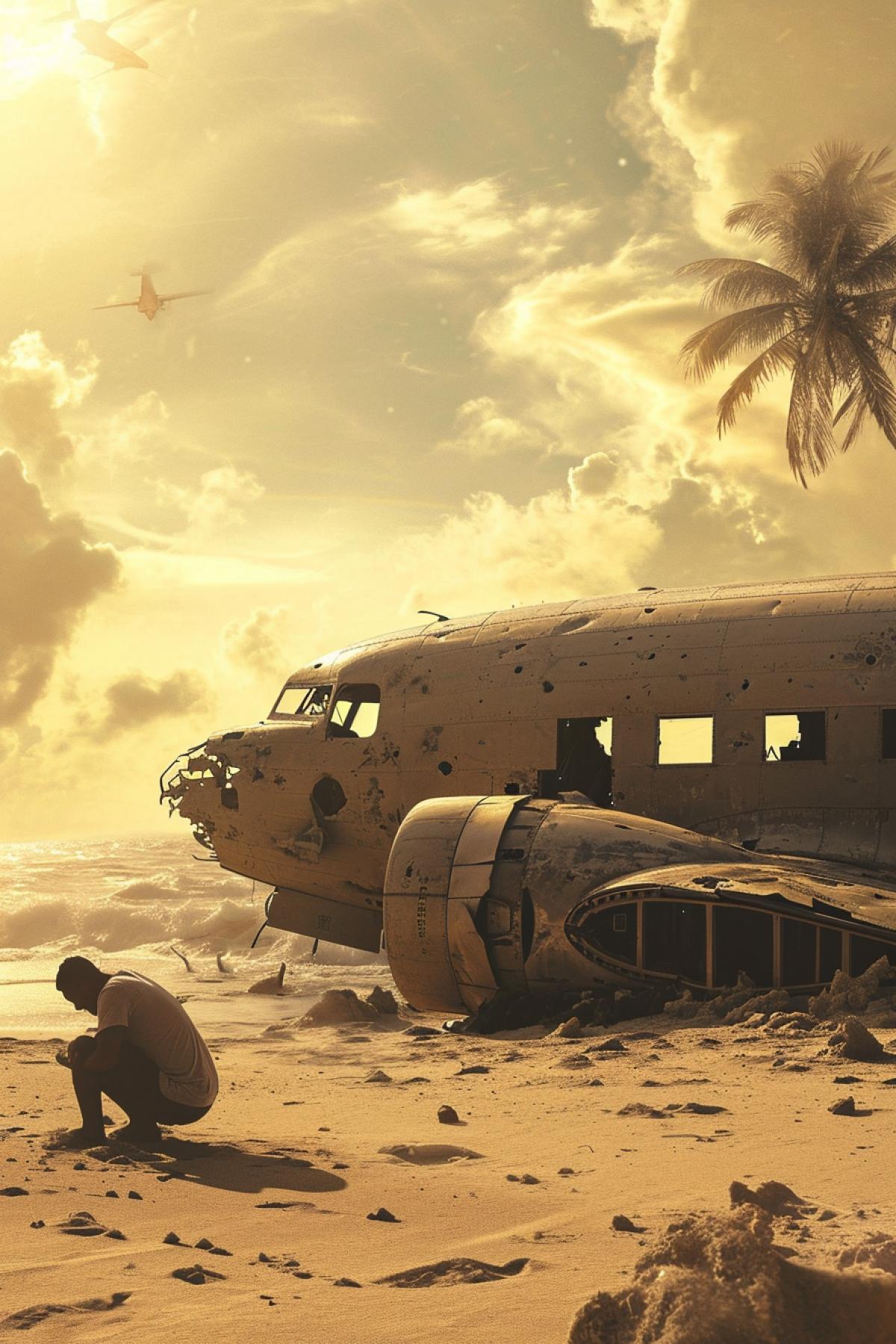 A man searches for things in the wreckage of a plane on a desert island