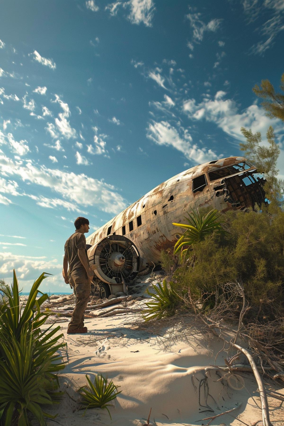 A man searches for things in the wreckage of a plane on a desert island