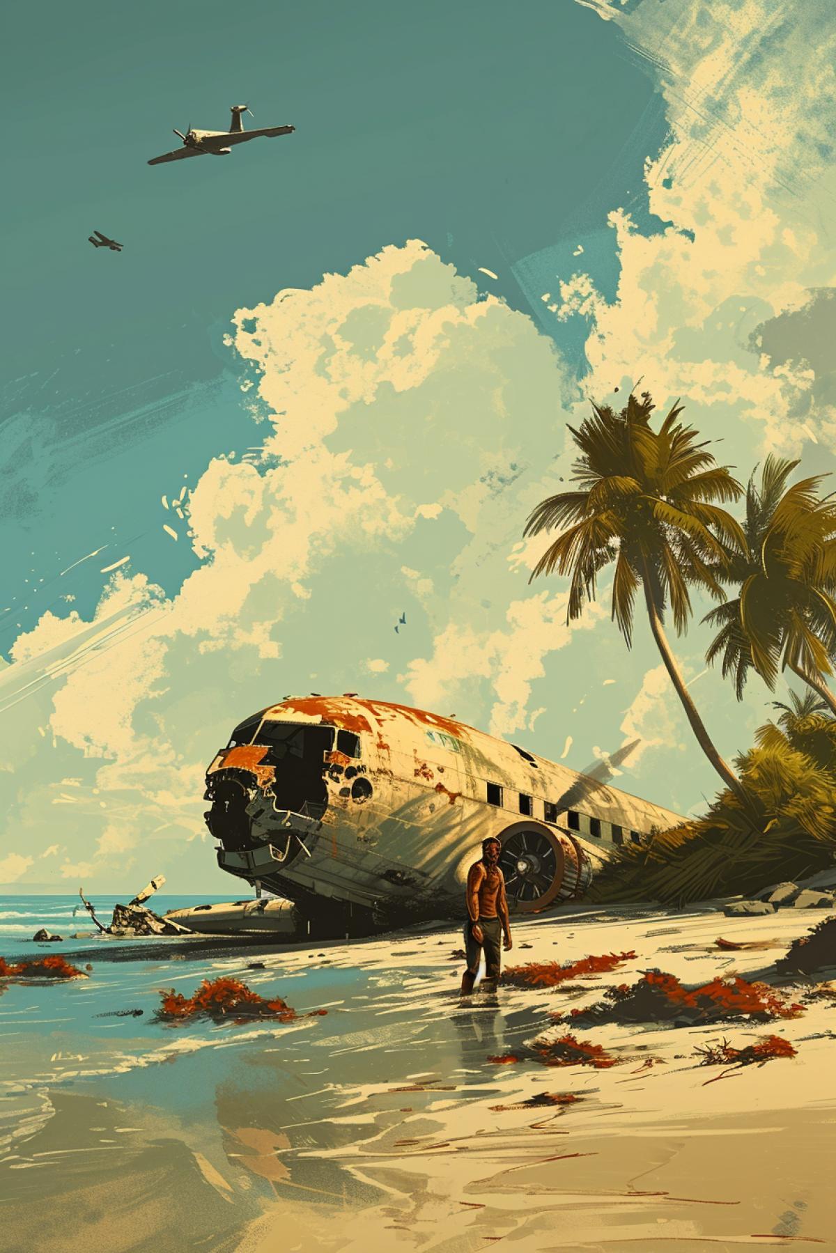 A man searches for things in the wreckage of a plane on a desert island