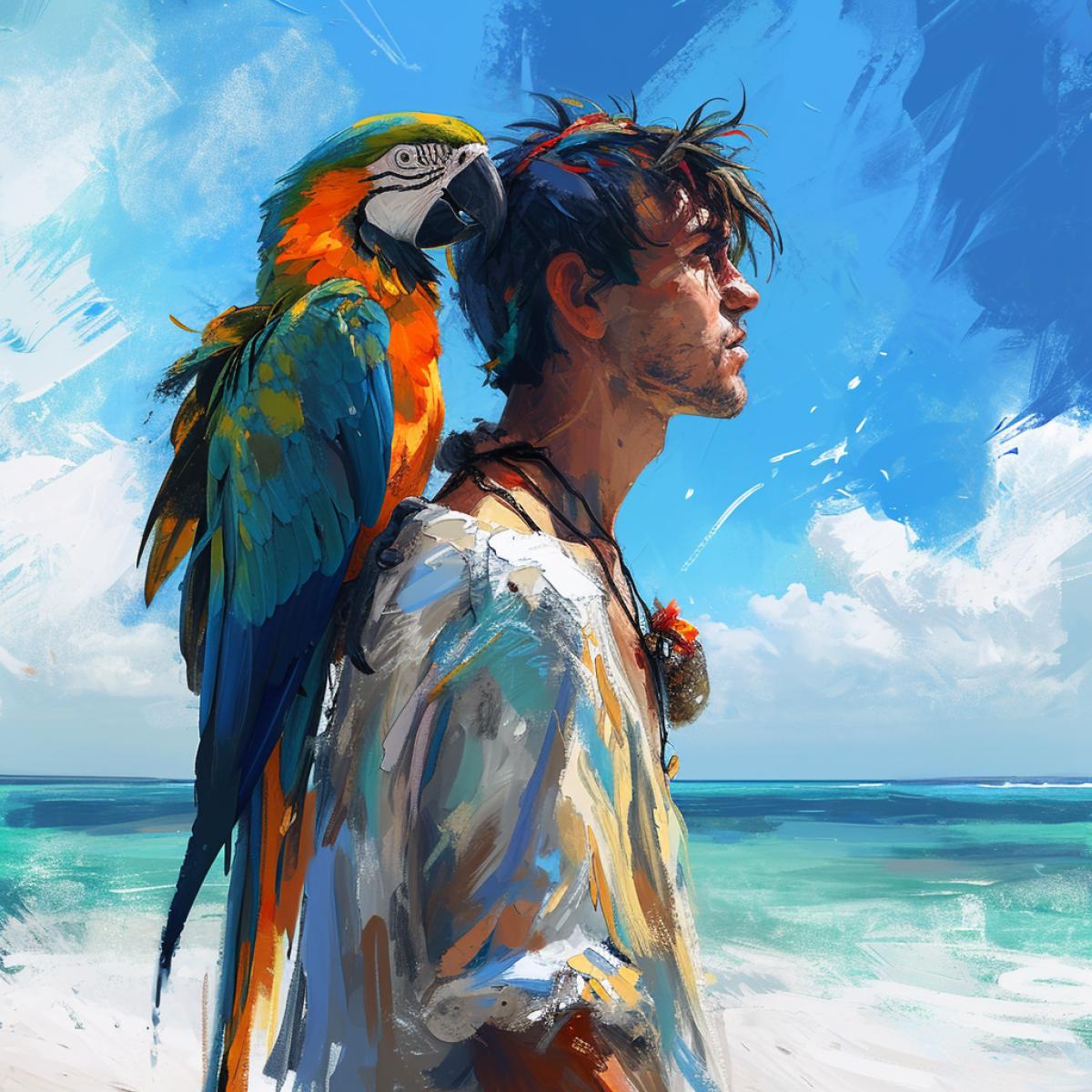 Close-up, Direct side profile, A man with a parrot on his shoulder stands on the shore of a deserted island looking out at the ocean, Bright colors, azure water, sunlight