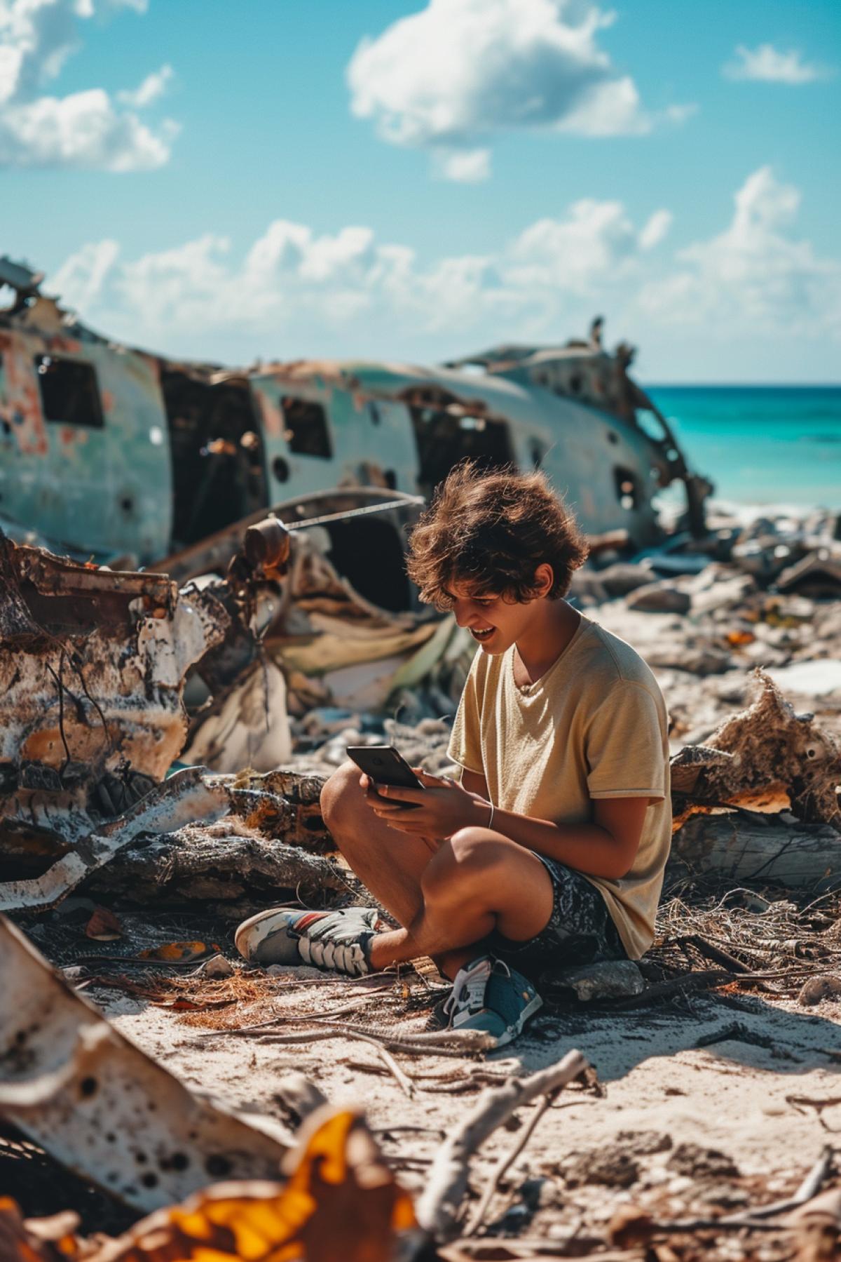 Happily smiling teenager with smartphone playing on the background of crushed aircraft on uninhabited island ocean around sunny realistic photo
