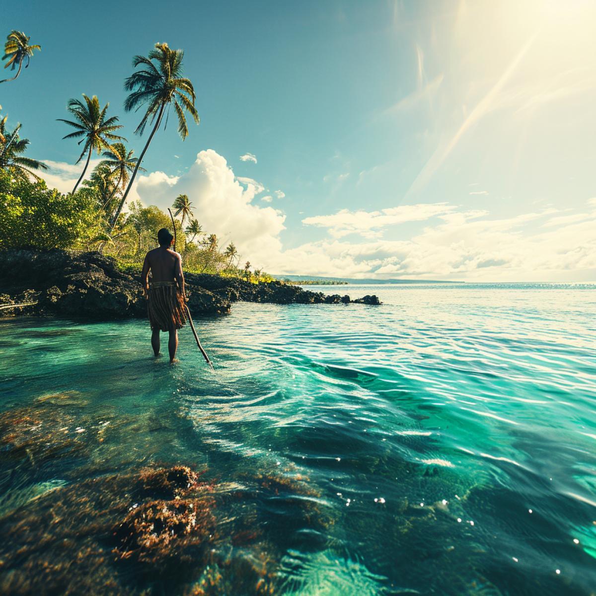 A man with a homemade spear in tattered clothes hunting fish off the coast of a tropical desert island, bright colors, azure water, sunlight
