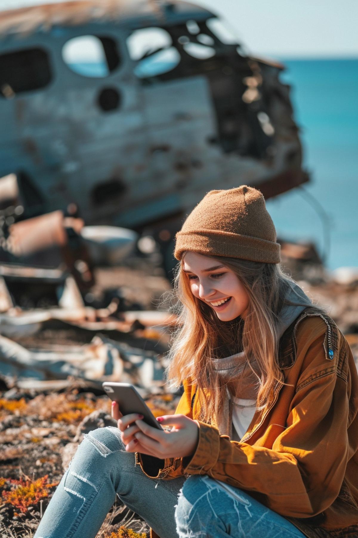 Happily smiling teenager with smartphone playing on the background of crushed aircraft on uninhabited island ocean around sunny realistic photo