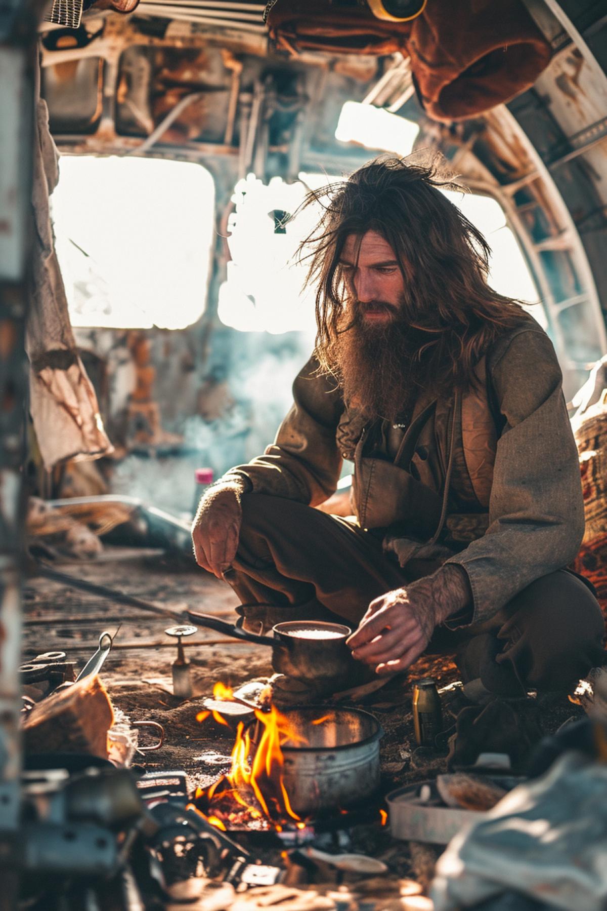 Lonely robinson on uninhabited island wearing big fat hair and beard bad clothes sunny day cooking breakfast on fire on the ground of cabin of crushed aircraftrocketpit realistic detailed photo