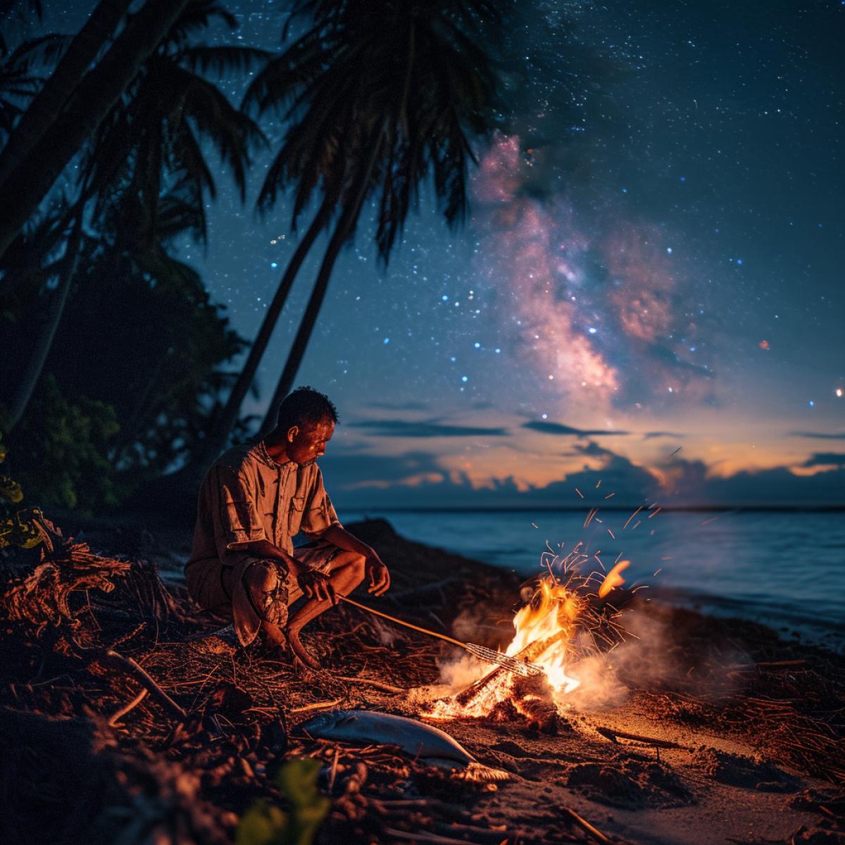 A man in tattered clothes roasting fish on a stick on a campfire on the shore of a tropical desert island, dusk, light from the fire, starry sky, rich colors
