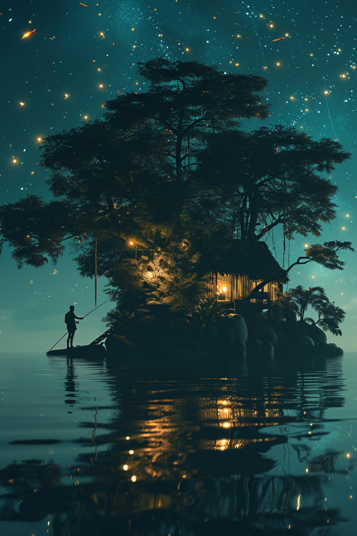 Desert island, man fishing, beautiful house made of trees, fireflies