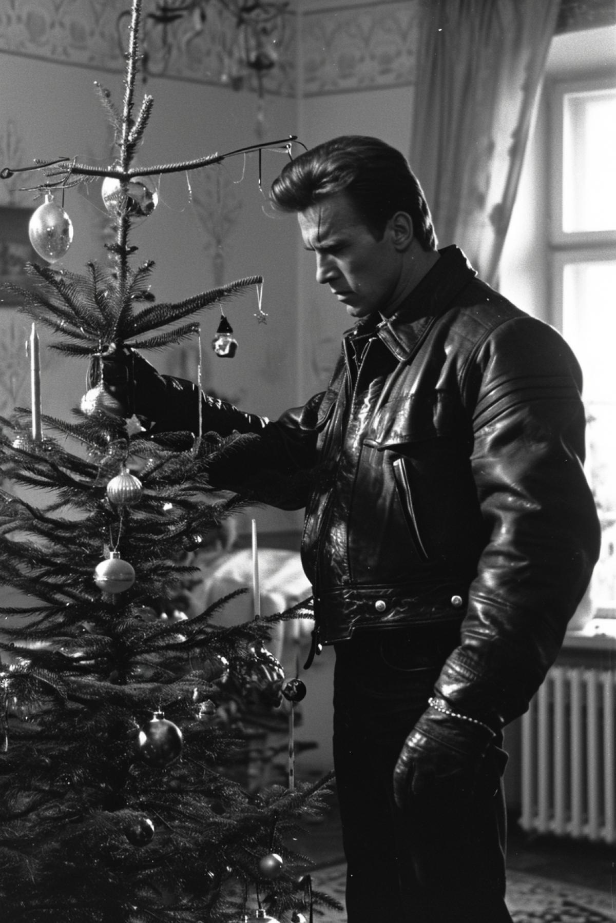 Arnold Schwarzeggers Terminator decorates a Christmas tree in a Soviet apartment