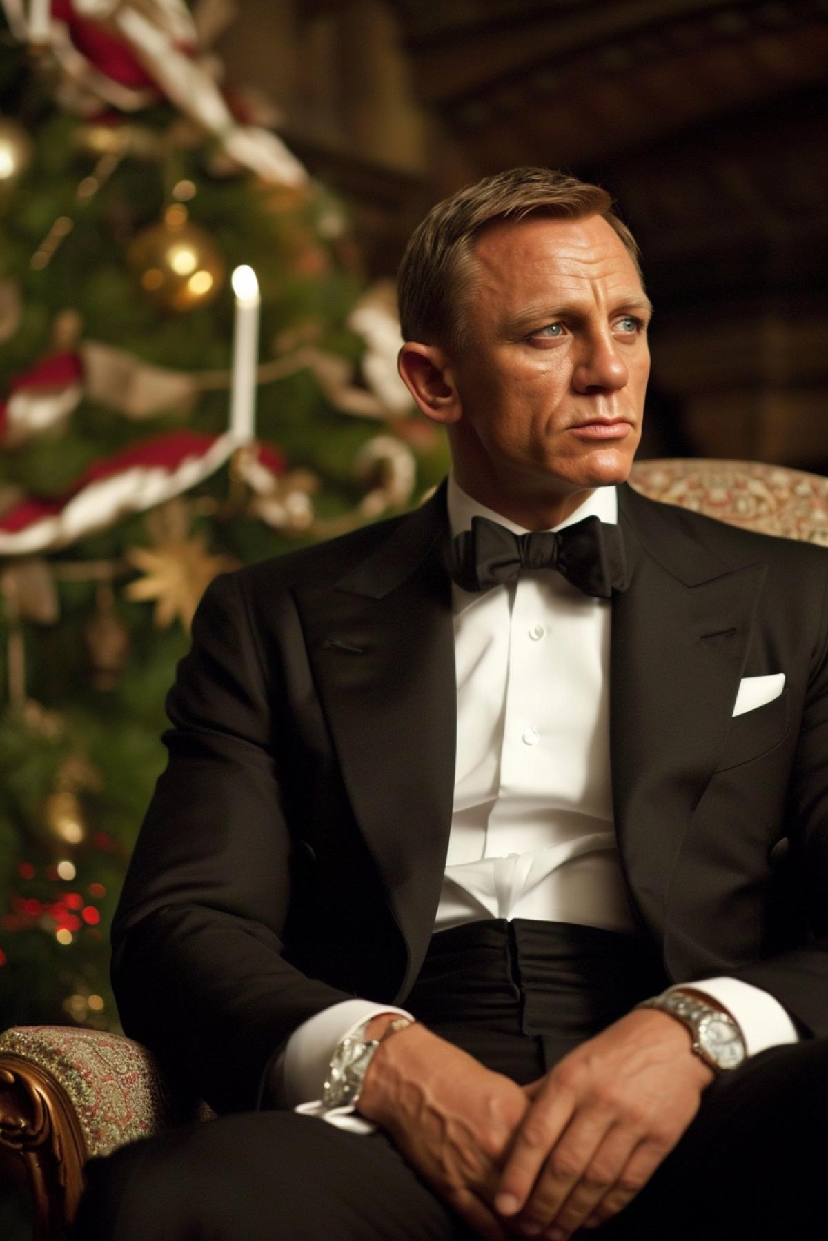 James Bond sits on a throne near a New Years garland