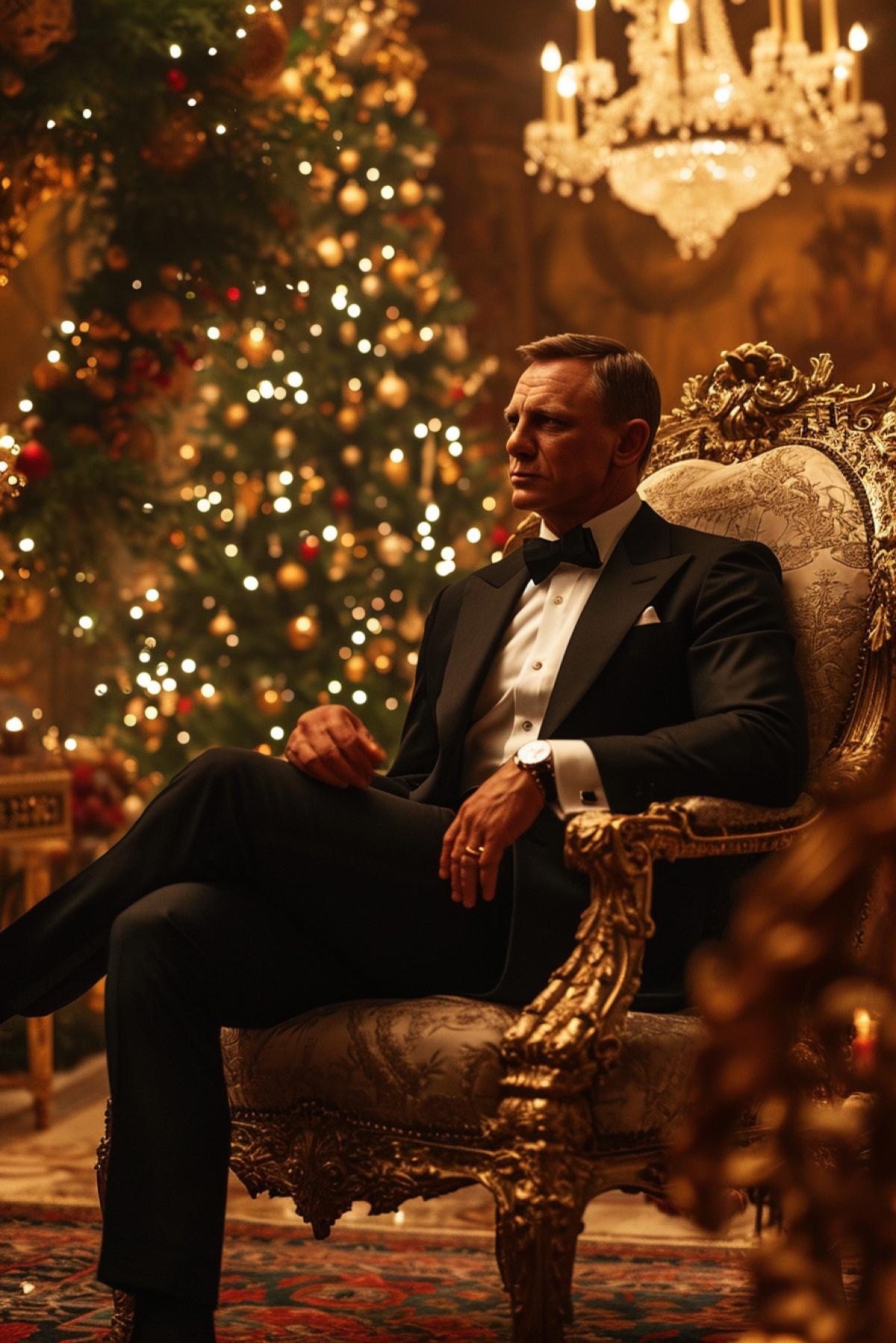James Bond sits on a throne near a New Years garland