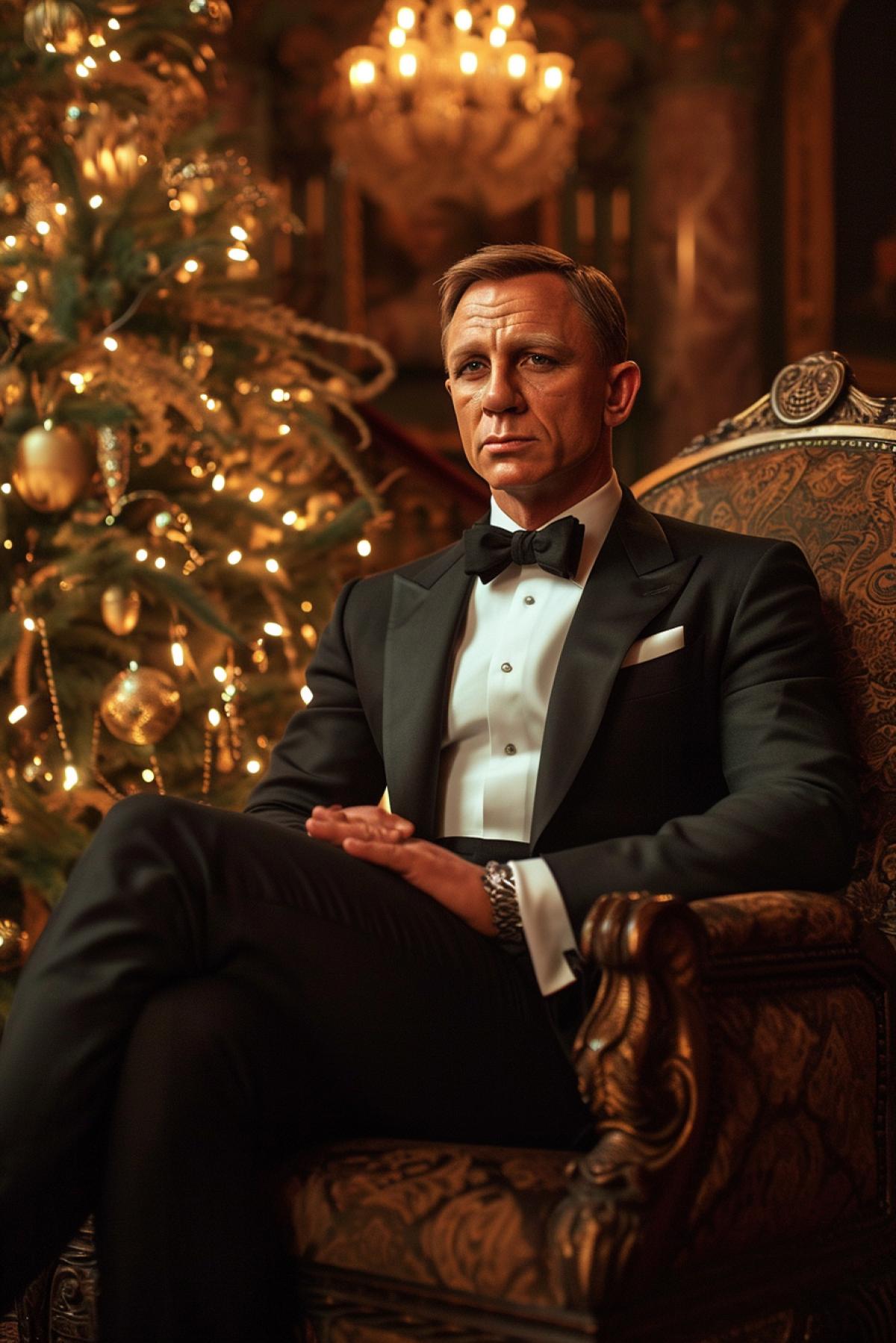 James Bond sits on a throne near a New Years garland