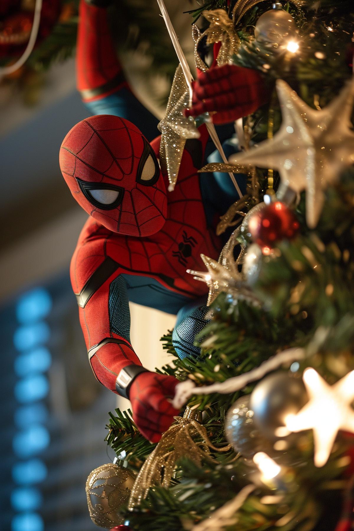 Spider-Man puts a star on the Christmas tree upside down