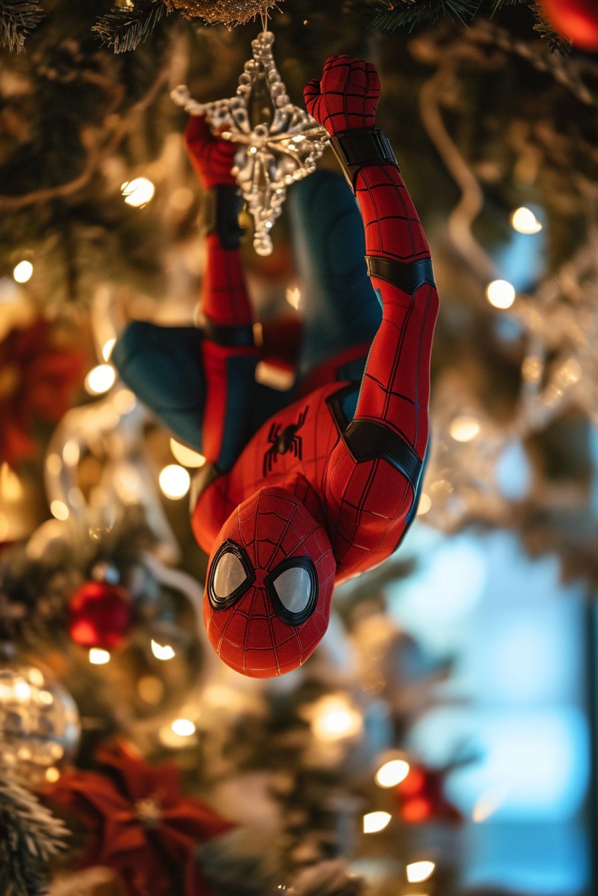 Spider-Man puts a star on the Christmas tree upside down