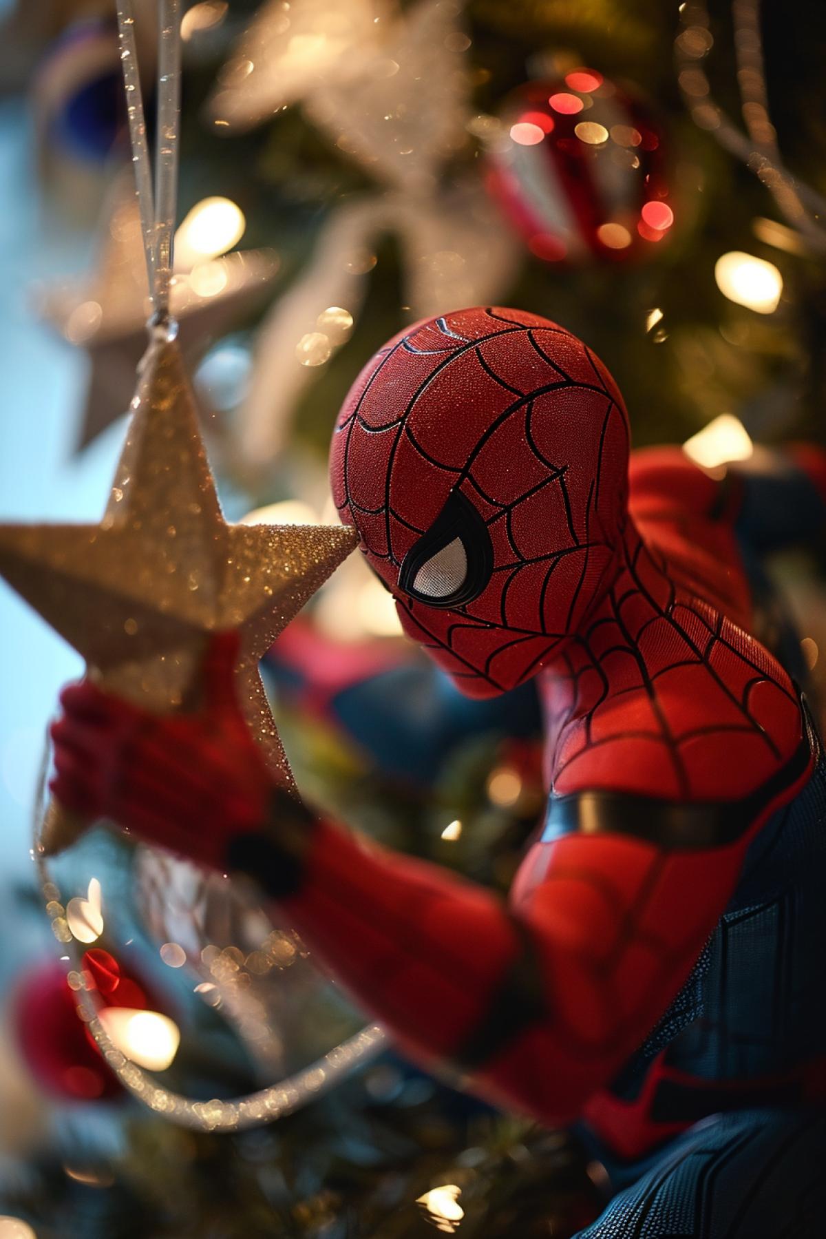 Spider-Man puts a star on the Christmas tree upside down