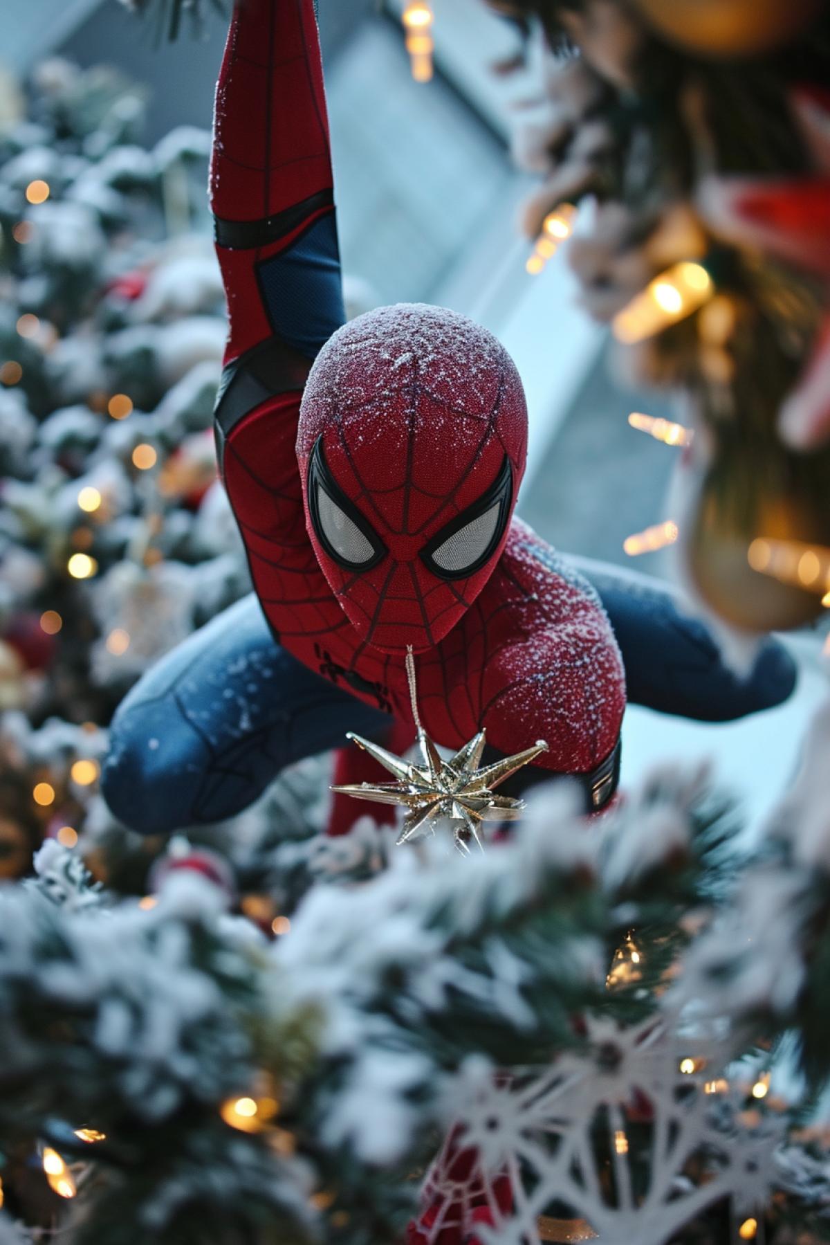Spider-Man puts a star on the Christmas tree upside down