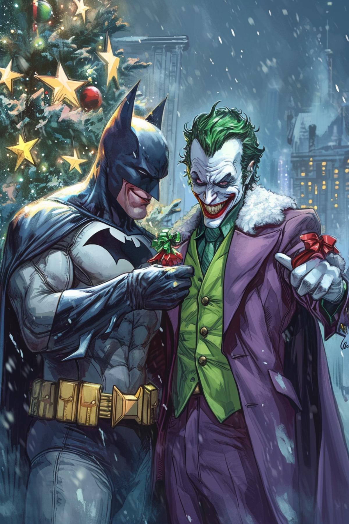 Batman and Joker decorate the New Year tree together, are against the backdrop of the city, the atmosphere of a holiday fairy tale, cartoon drawing