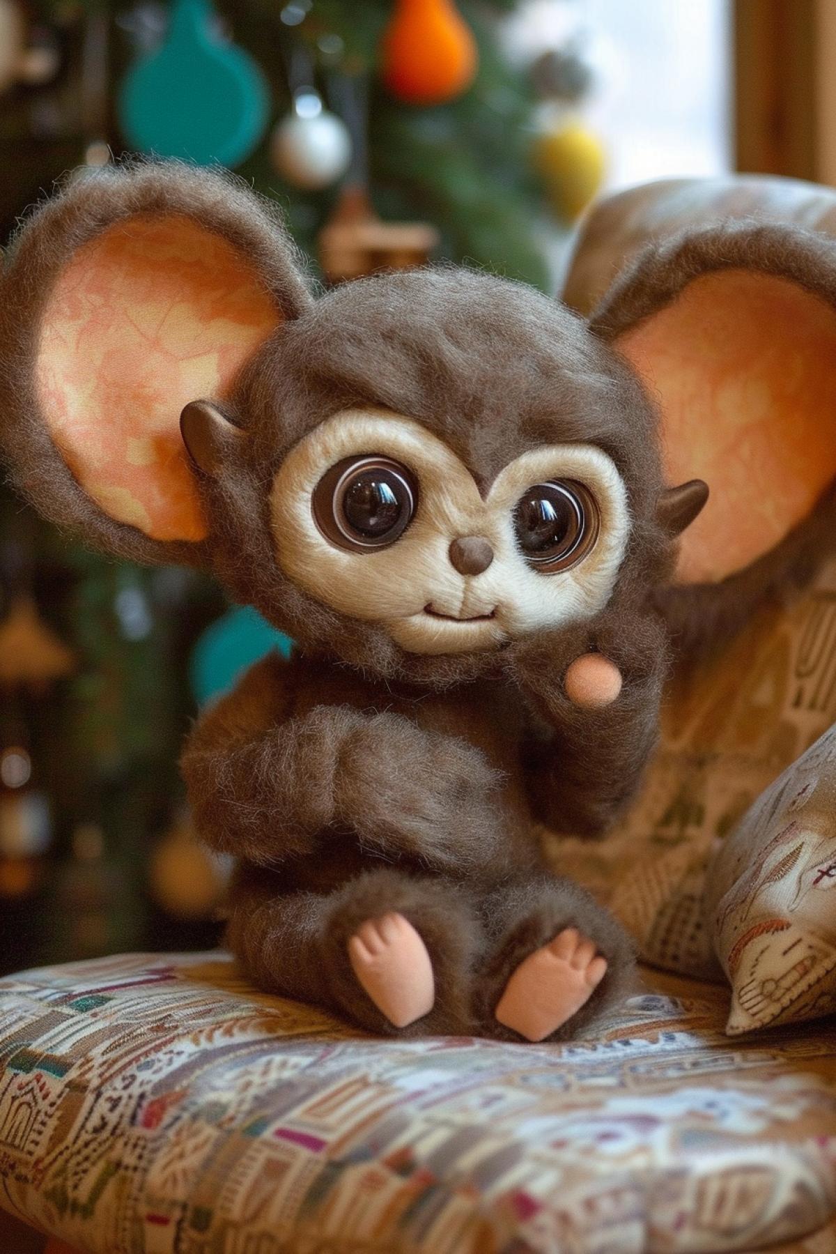 Strange fur creature with big ears and big eyes smiling happy on the arm-chair near Xmas tree in cosy living-room winter behind the windows
