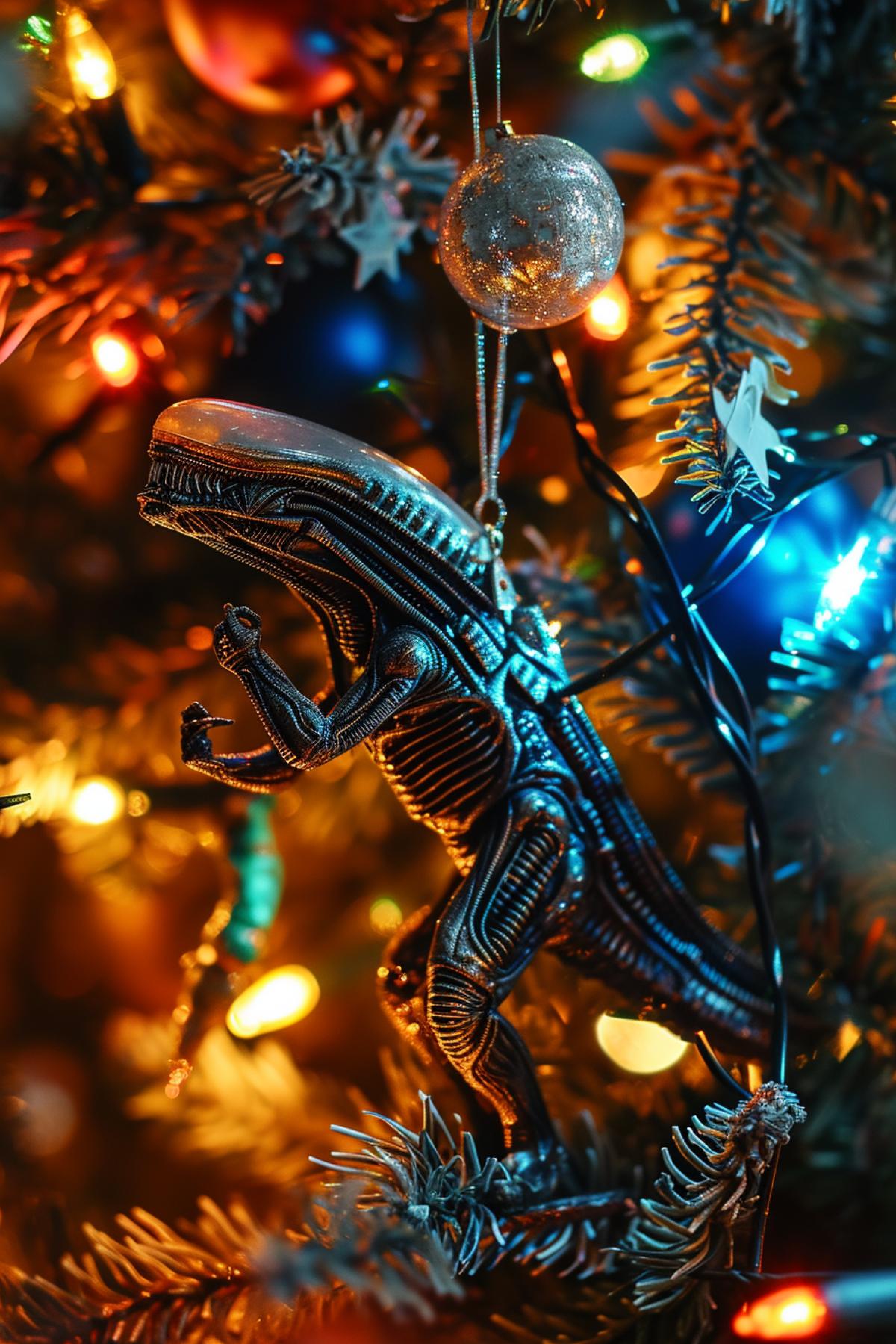 Xenomorph as Xmas tree decoration made of glass on xmas tree among other decoration and lights realistic photo