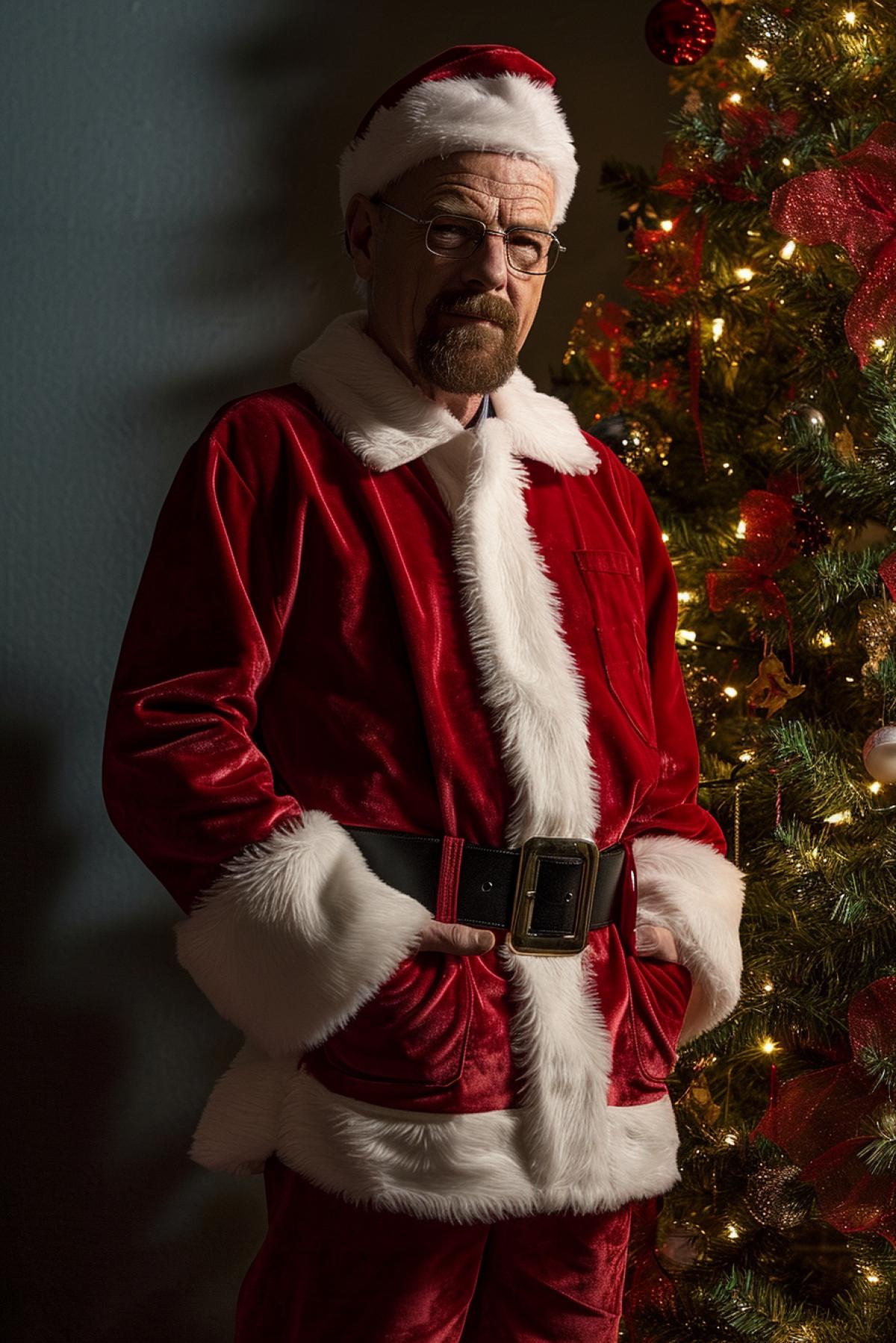 Walter White of the breaking bad series as Santa wearing Santa suit full height near Xmas tree