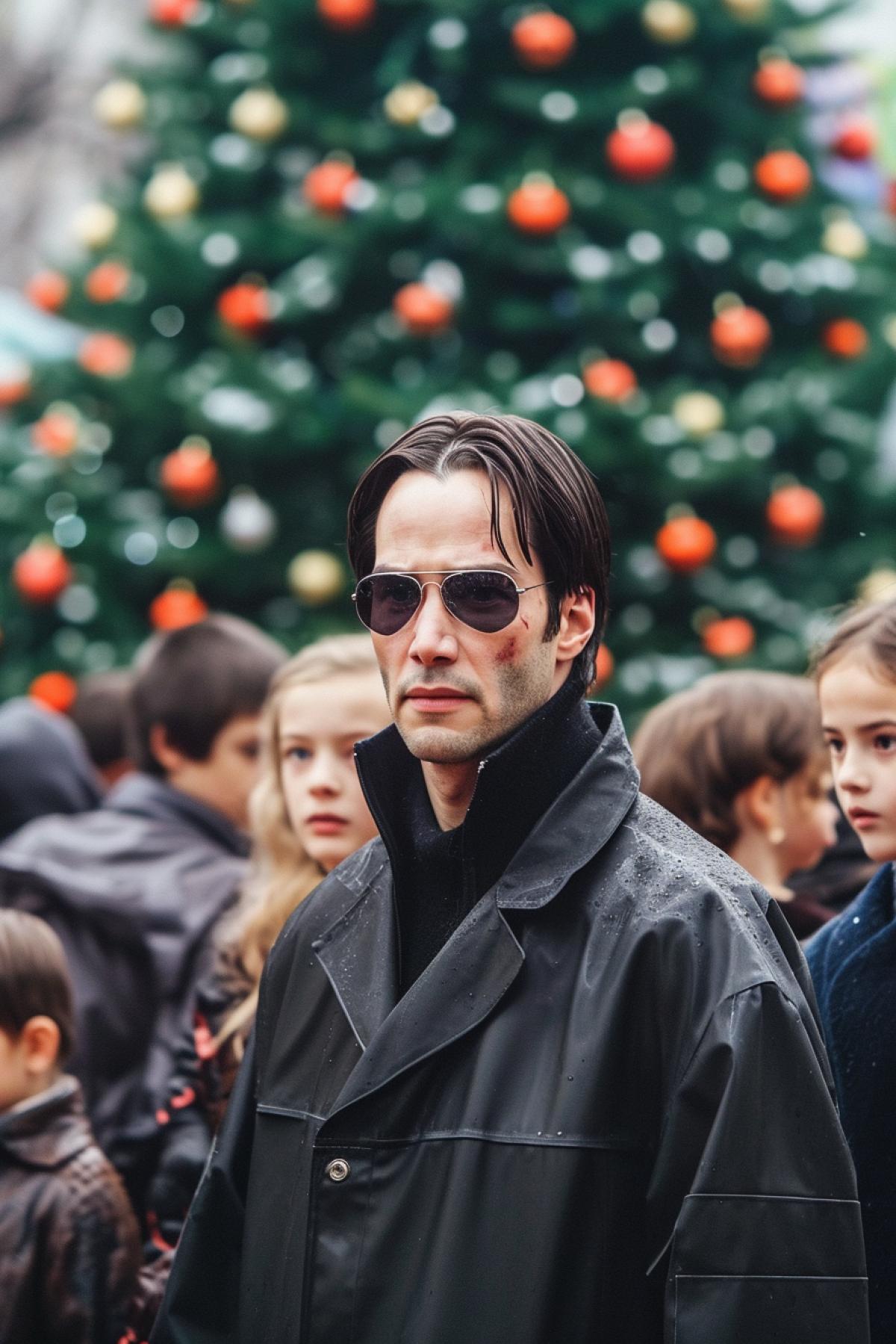 Neo Keanu reeves of the matrix movie wearing sunglasses and dark raincoats on the background of Xmas tree at Xmas fest at kindergarden surrounded by happy children