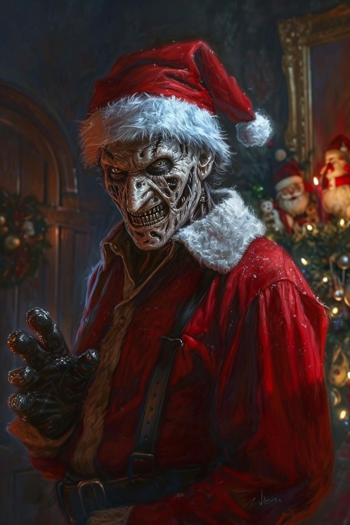 Freddy Kruger in Santa clothes, Christmas party, photorealistic