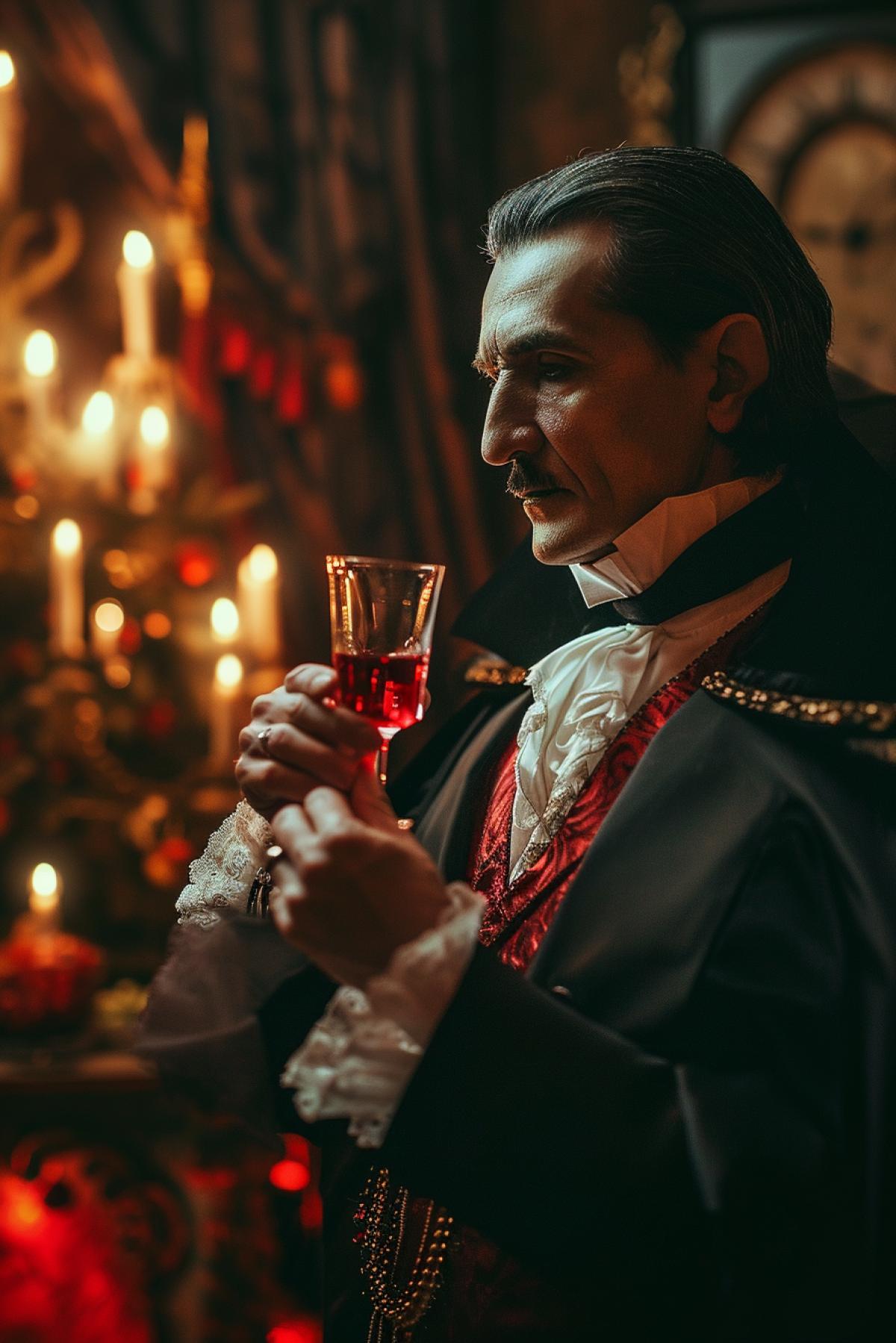 Dracula drinking red liquid on the Christmas party, photorealistic