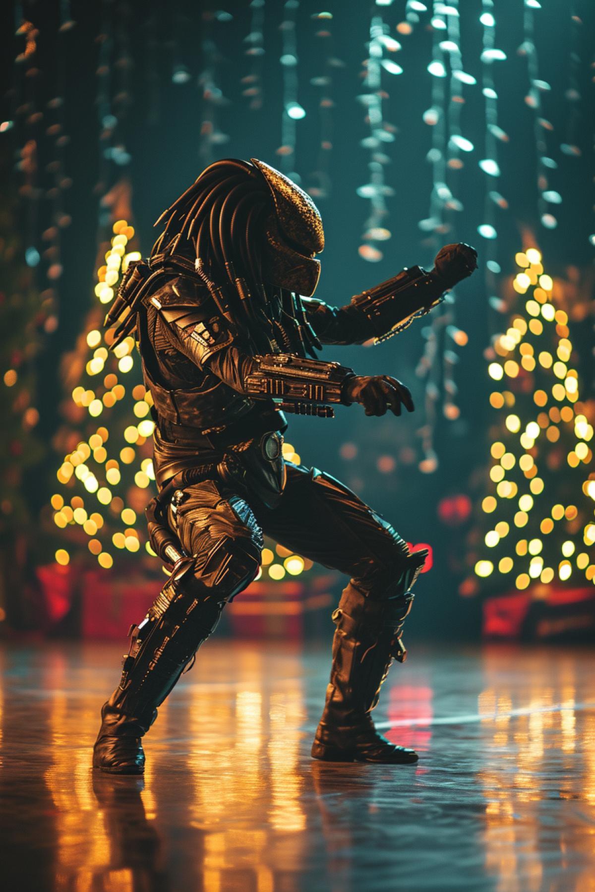 Predator cinema person dancing on the Christmas party, photorealistic, dynamic, Christmas atmosphere