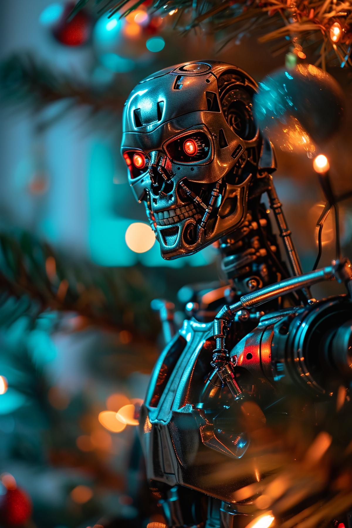 Terminator decorates the Christmas tree, New Years holiday mood